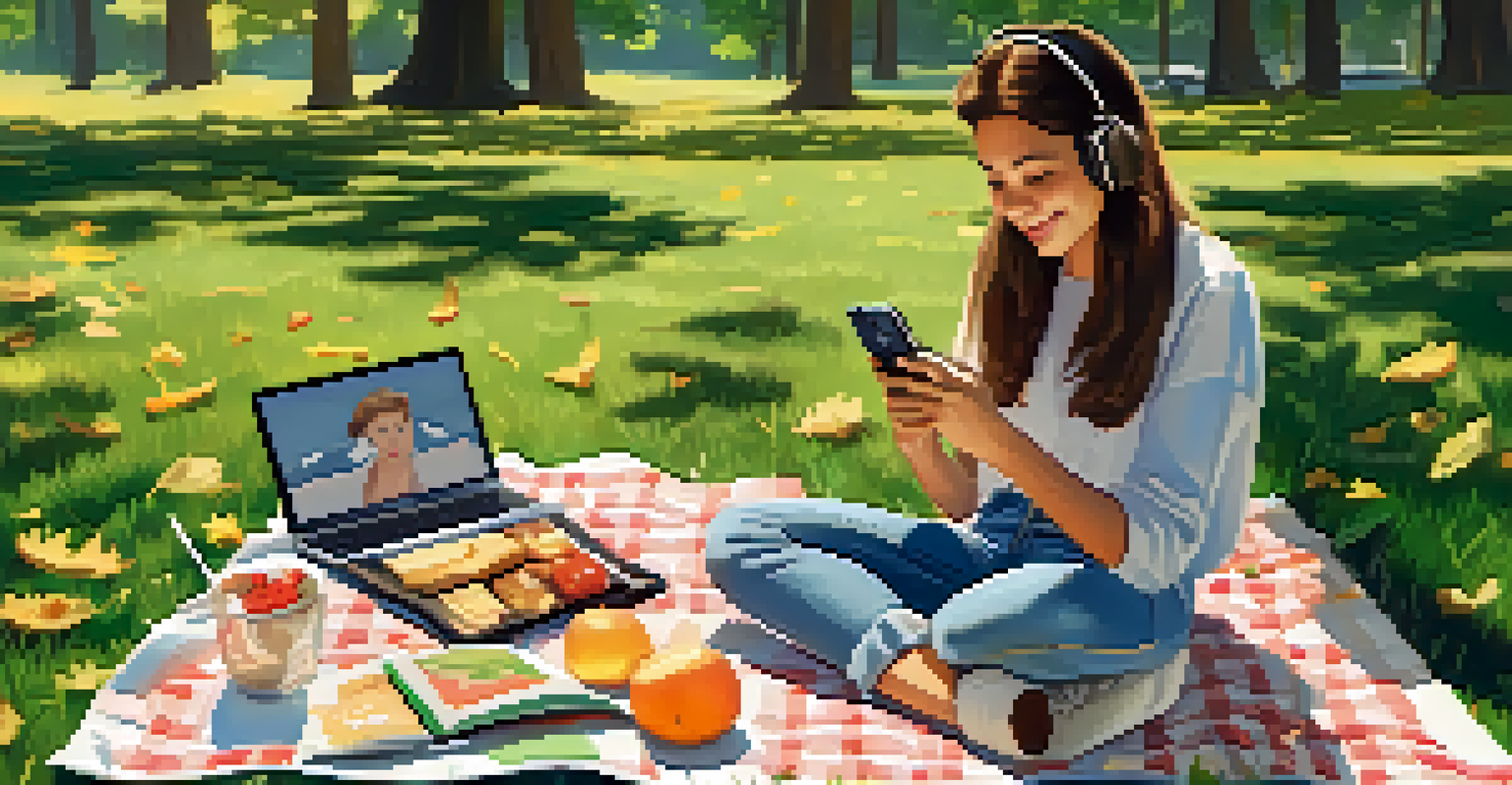 A young person filming a video on a picnic blanket in a sunny outdoor setting with notebooks and snacks.