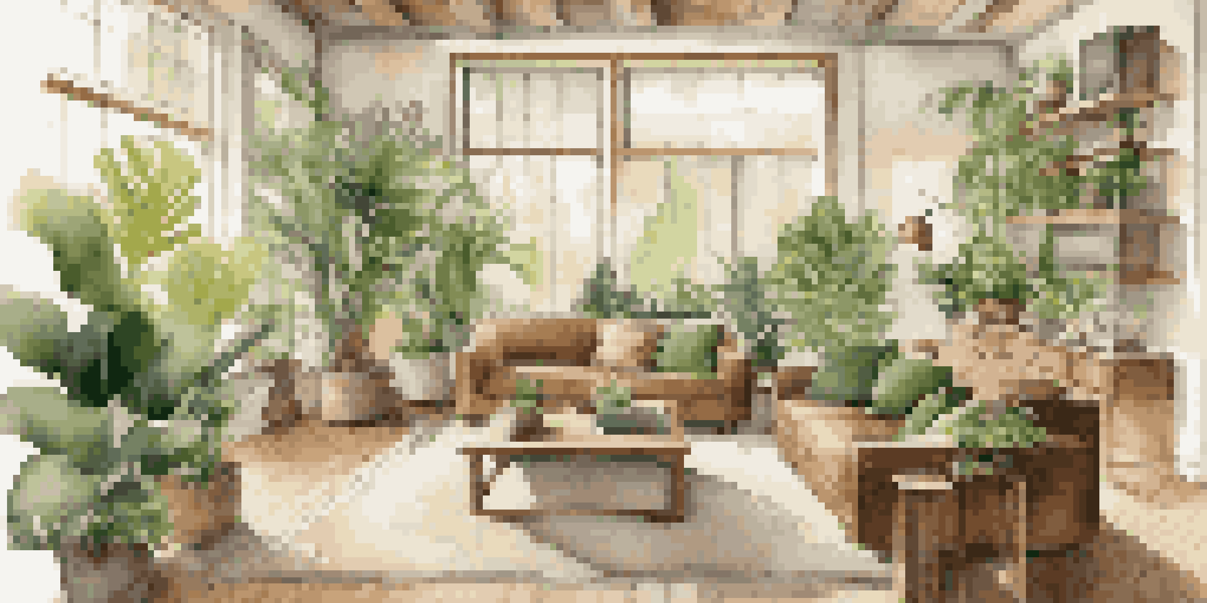 A luxurious living room with reclaimed wooden furniture and indoor plants, showcasing eco-friendly decor.