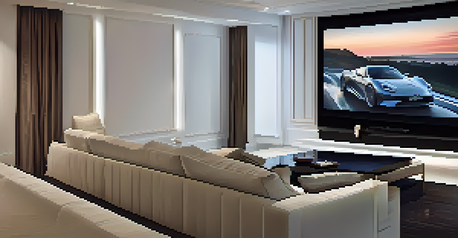 A modern home theater with a smart control panel, stylish decor, and a high-quality projector, emphasizing convenience and technology.