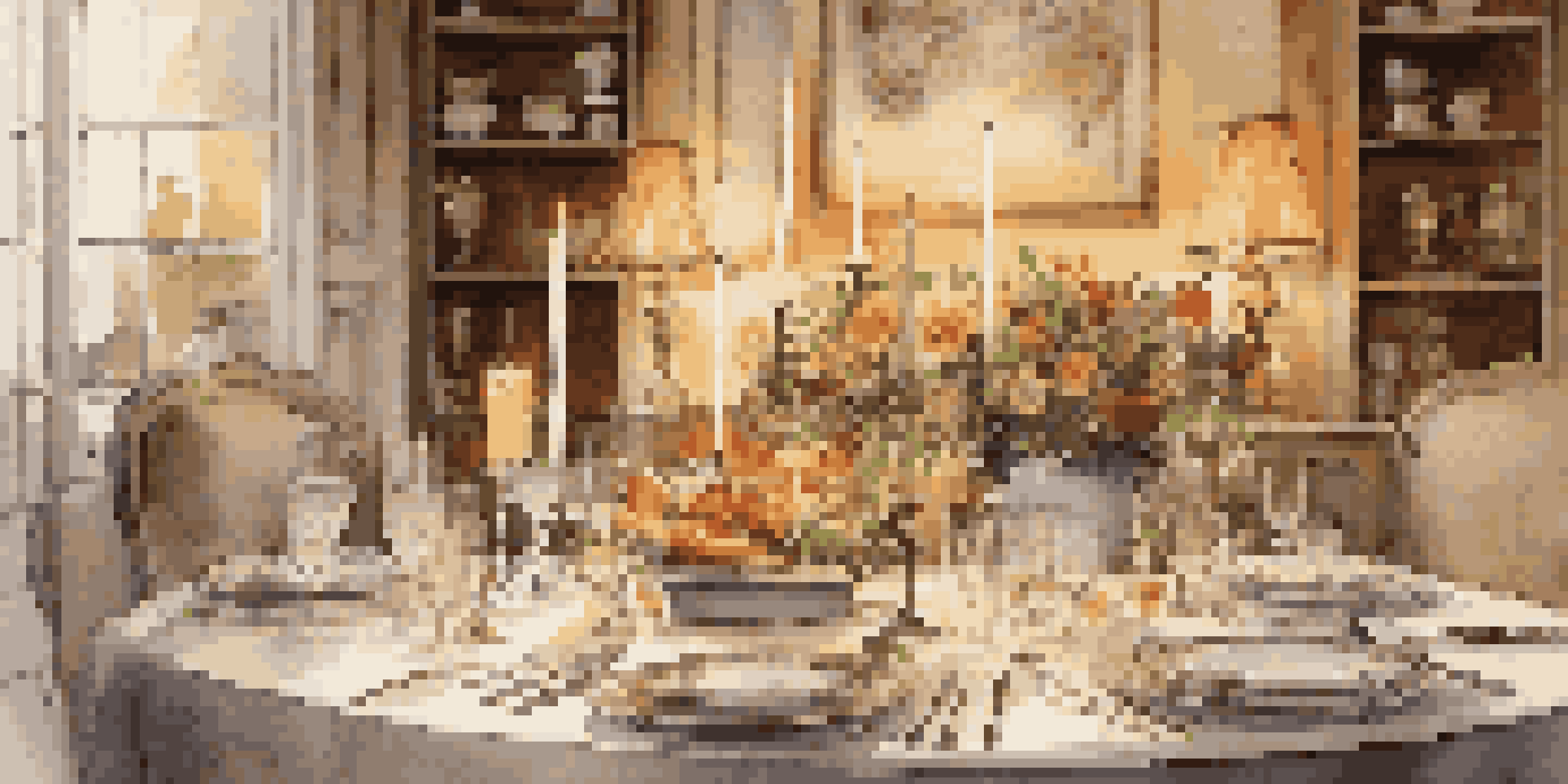 An elegantly set dining table with gourmet dishes, candles, and flowers, creating a warm and inviting atmosphere.
