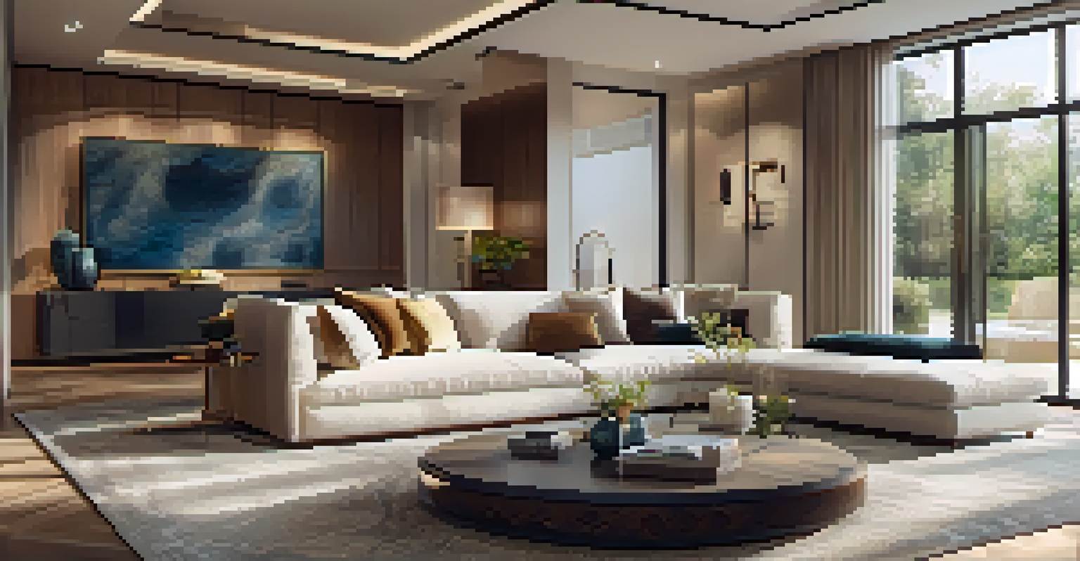 A sophisticated living room interior with high-end furnishings, featuring a smart home security panel on the wall and natural light from large windows.