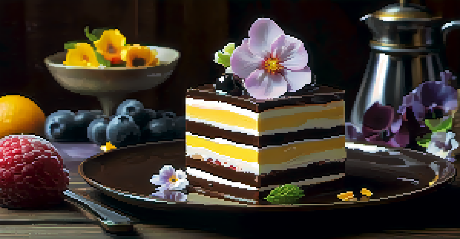 A close-up of an elegantly plated dessert with chocolate and fruits on a wooden table.