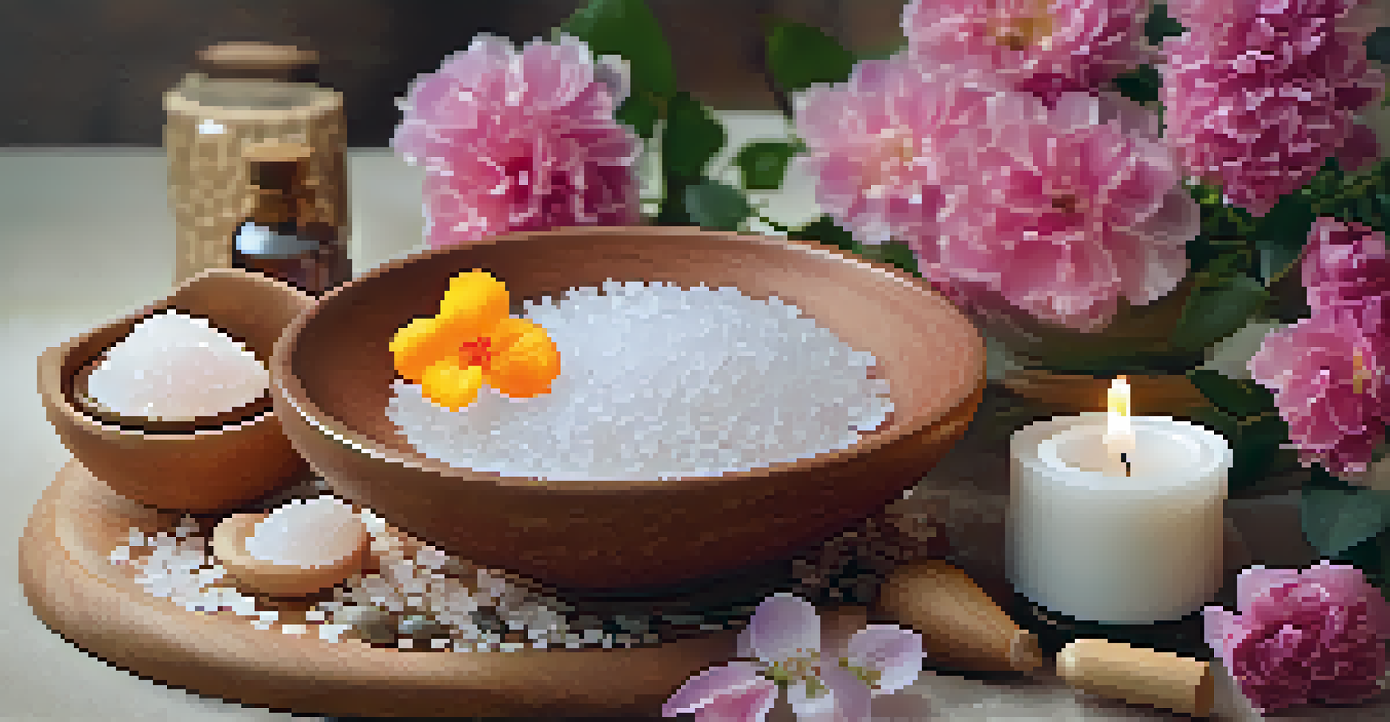 A close-up of Himalayan salt and essential oils, surrounded by flowers and natural stones, showcasing a tranquil spa setting.