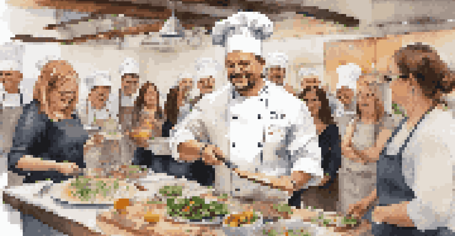 A chef demonstrating cooking while guests engage and learn in a lively kitchen environment filled with fresh ingredients.