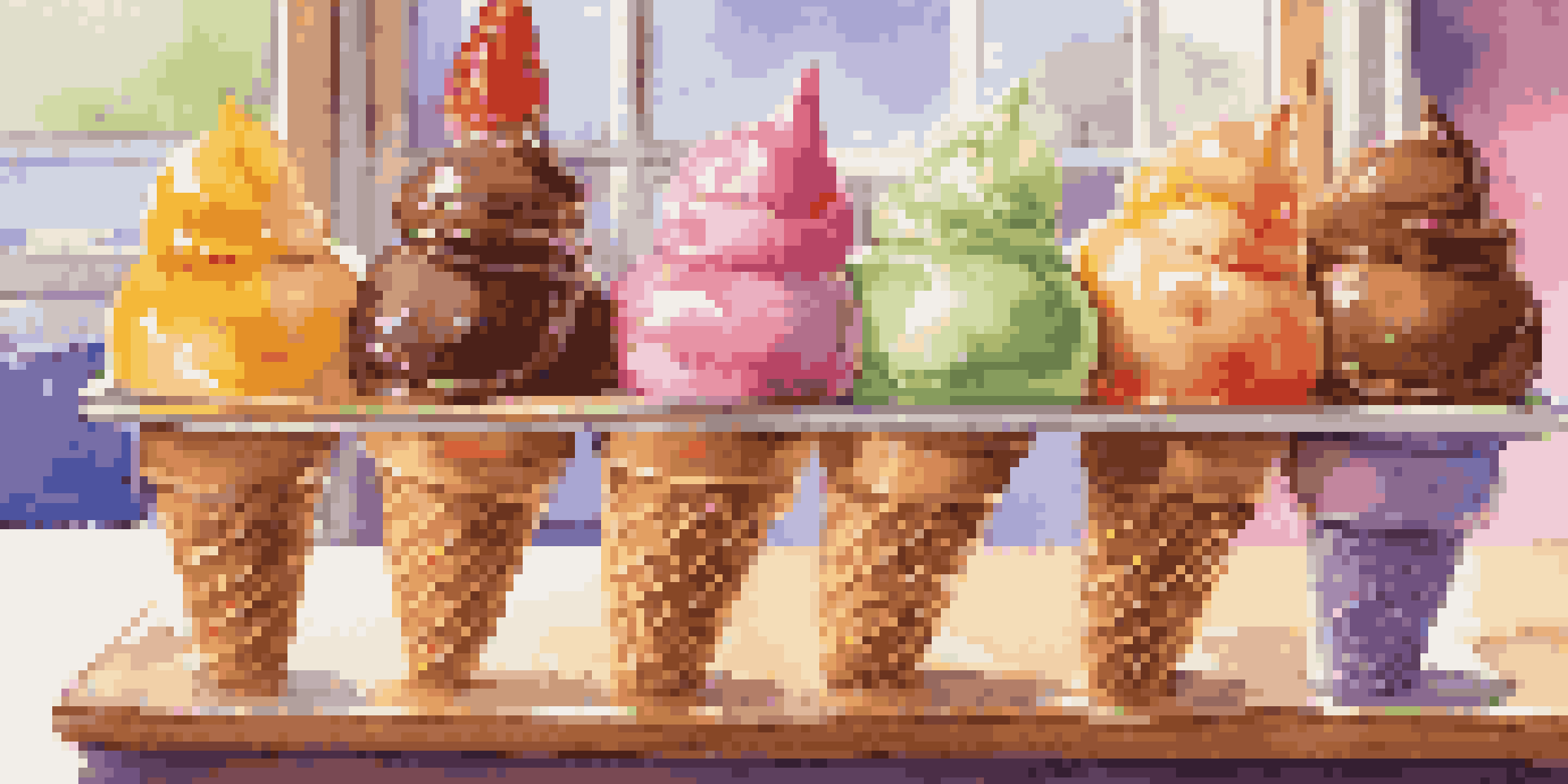 A homemade ice cream bar with various colorful scoops of ice cream, fresh fruits, and toppings in a sunlit kitchen.