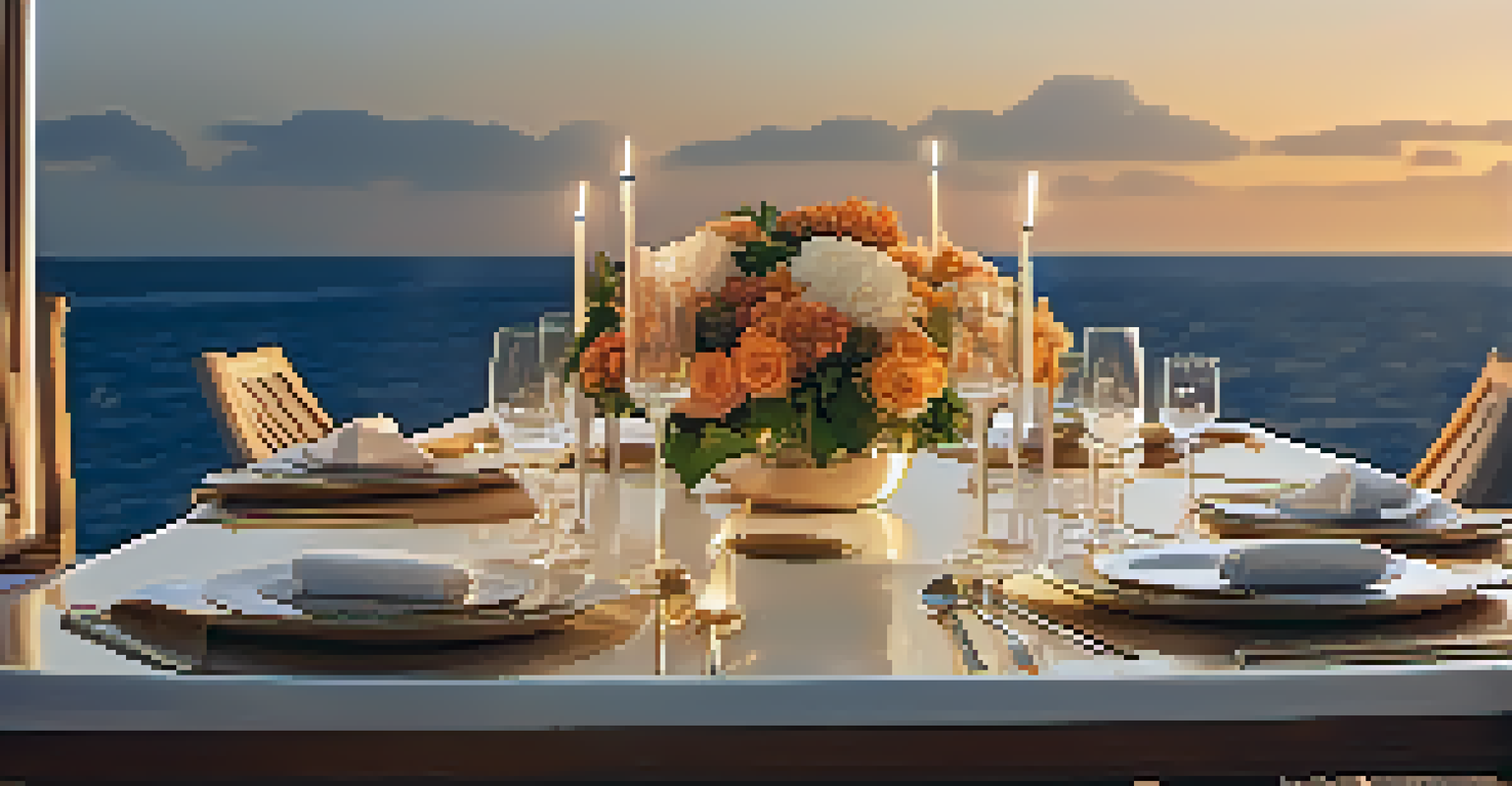 A dining table set on a yacht deck at sunset, featuring elegant dinnerware and flowers, with the ocean in view.