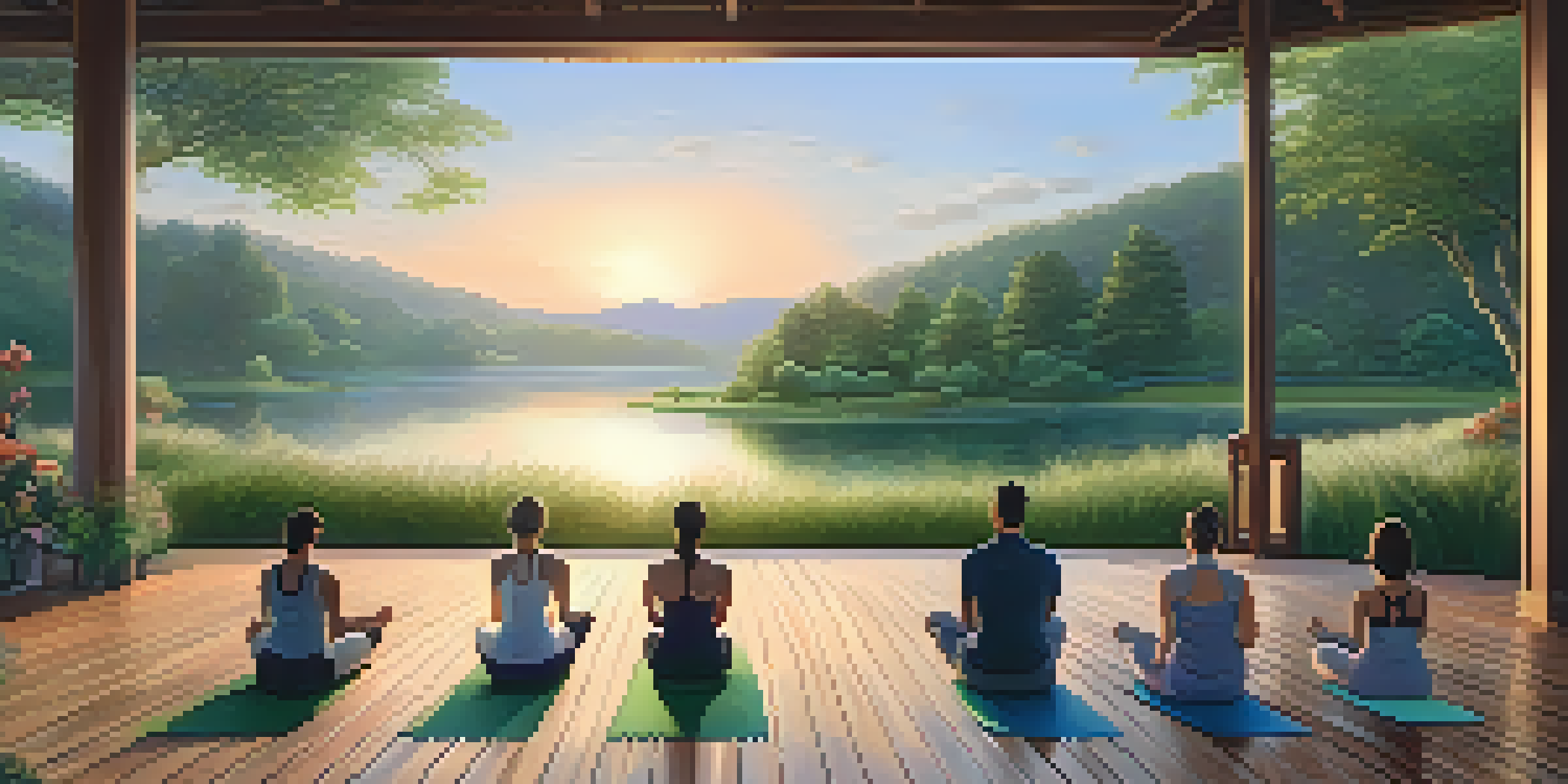A group of individuals practicing yoga on a wooden deck during sunrise, overlooking a calm lake surrounded by lush greenery.