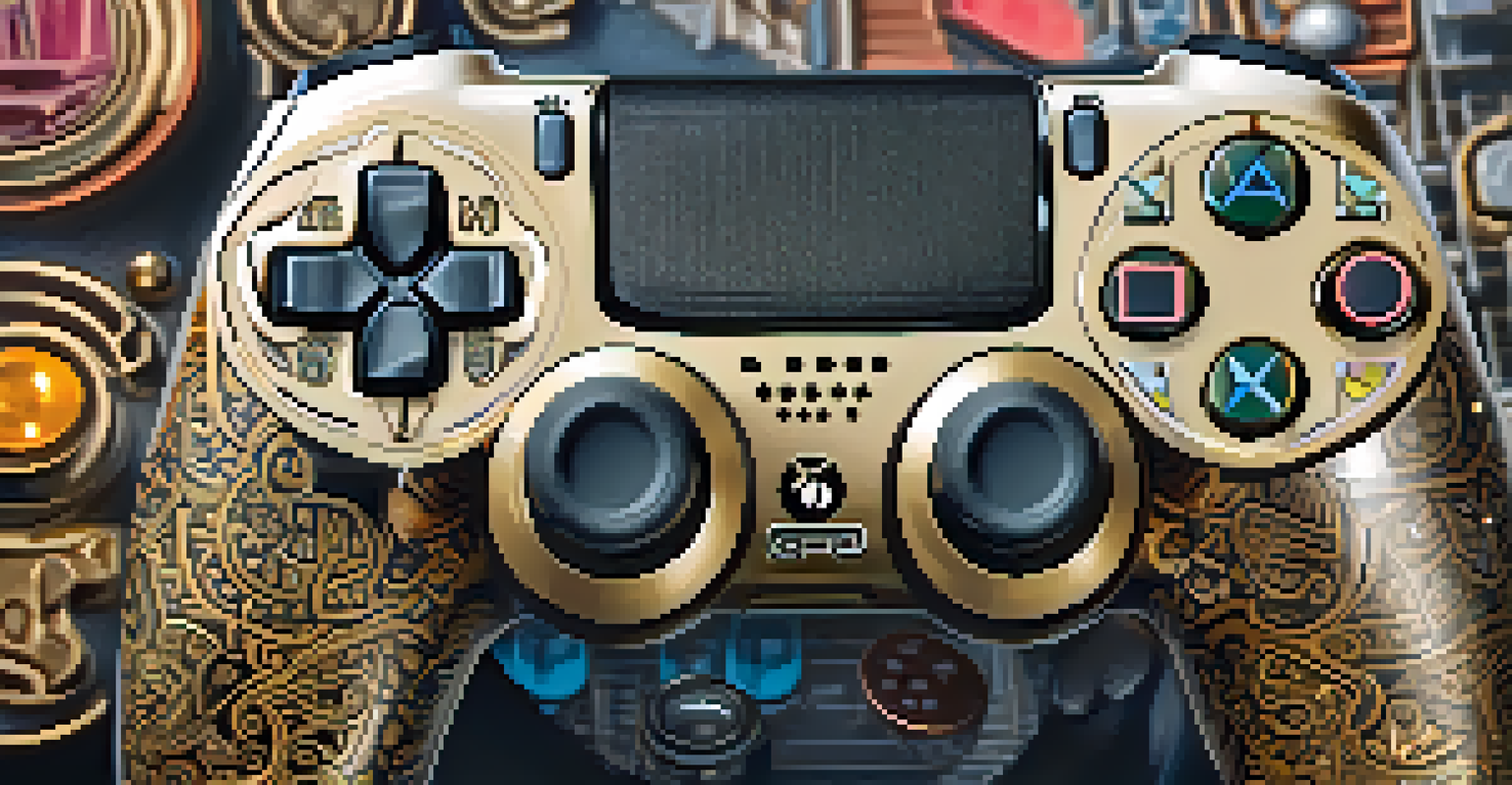A close-up of a customized gaming controller showcasing engravings and textures against a blurred background.