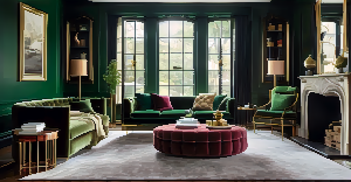 A luxurious living room with a mix of Victorian and modern furniture, showcasing a burgundy velvet armchair and a glass coffee table, illuminated by warm natural light.