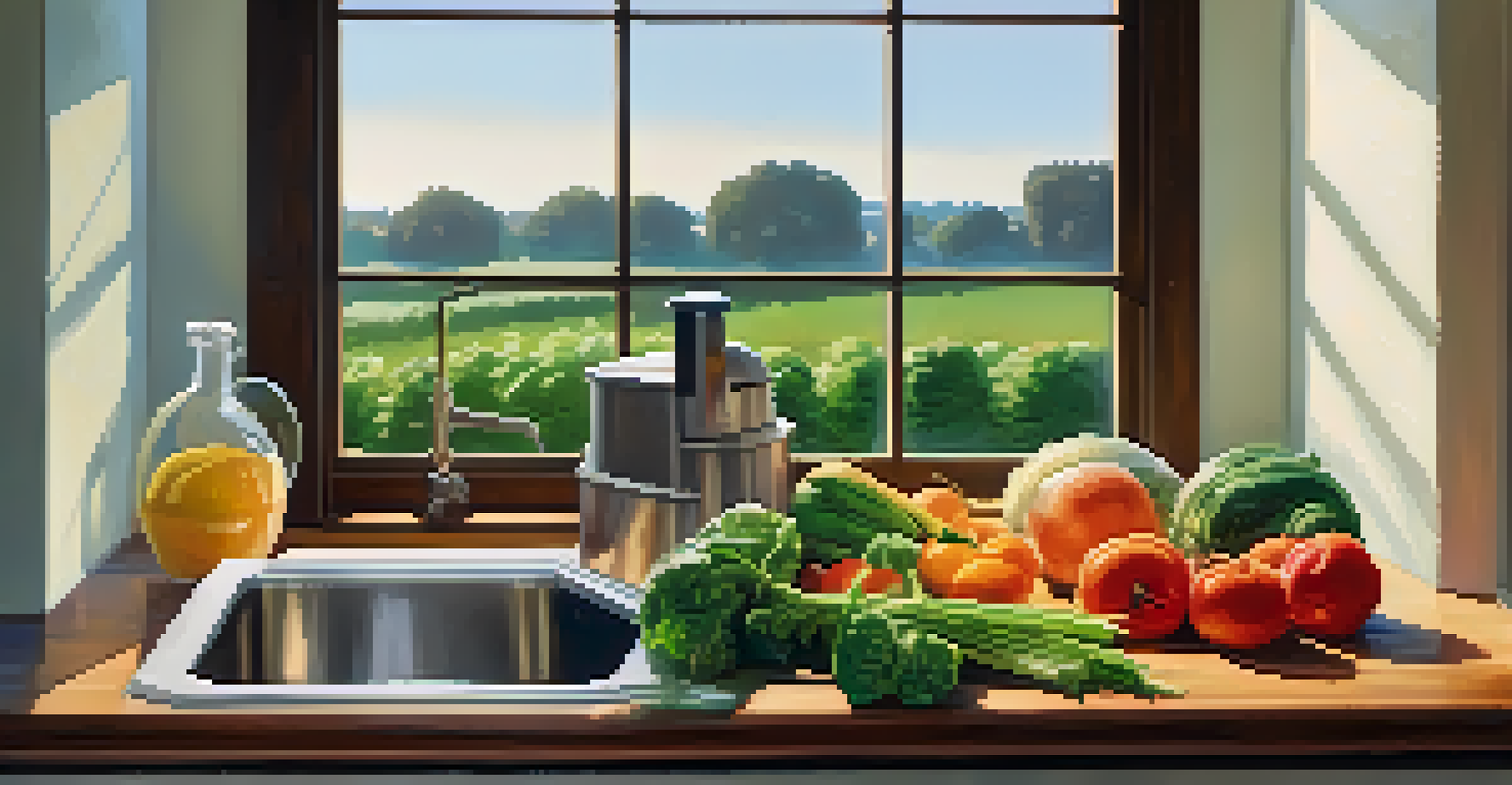 A modern kitchen with a stylish Bokashi compost bin on a wooden countertop, surrounded by fresh fruits and vegetables, with natural light coming from a window.