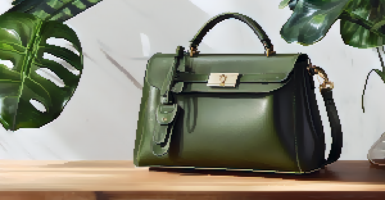A close-up view of a luxury handbag made from ethically sourced leather, displaying its craftsmanship against a background of green plants.