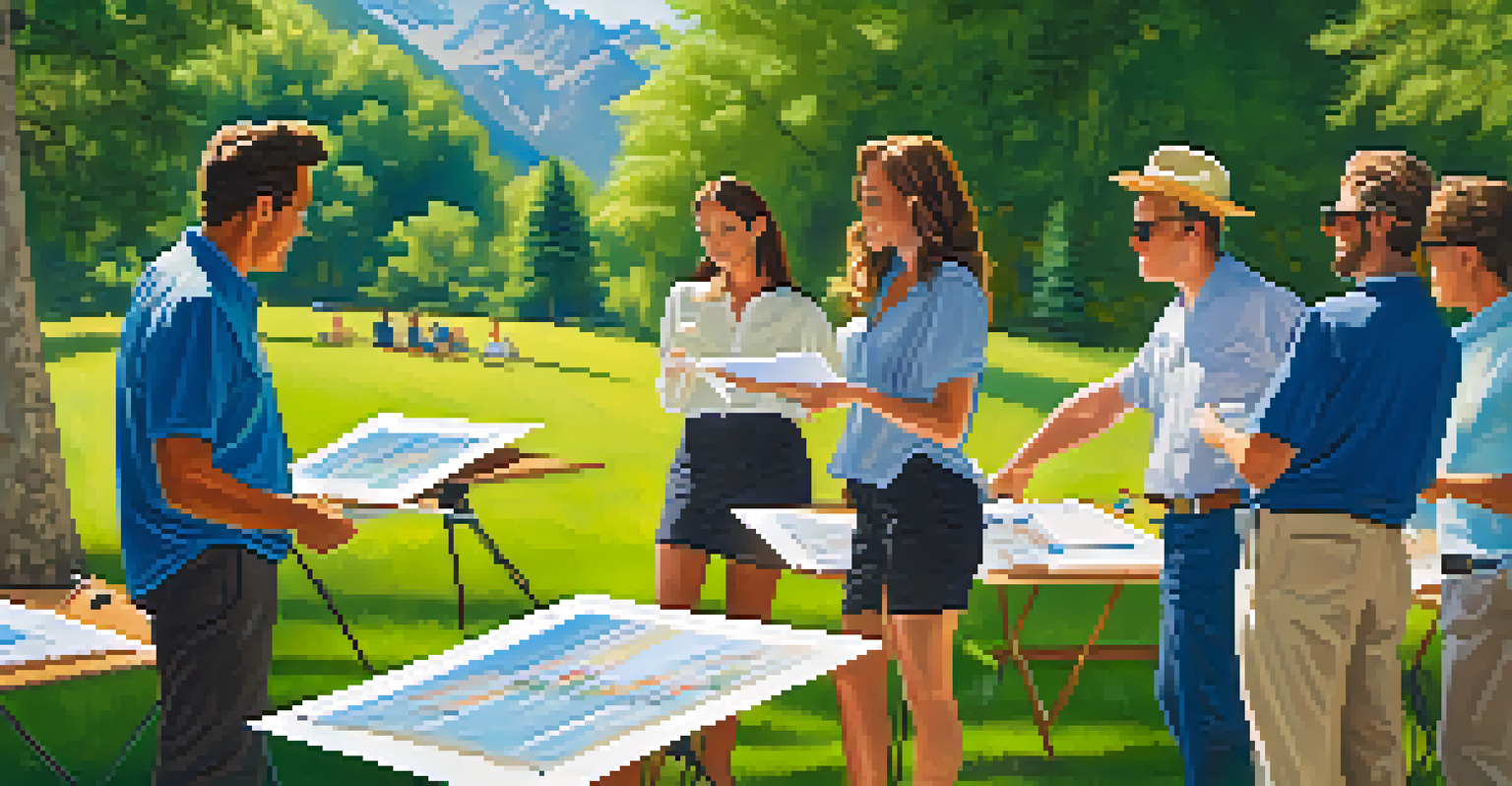 A group of professionals participating in a team-building workshop outside at a luxury retreat, surrounded by nature and mountains.
