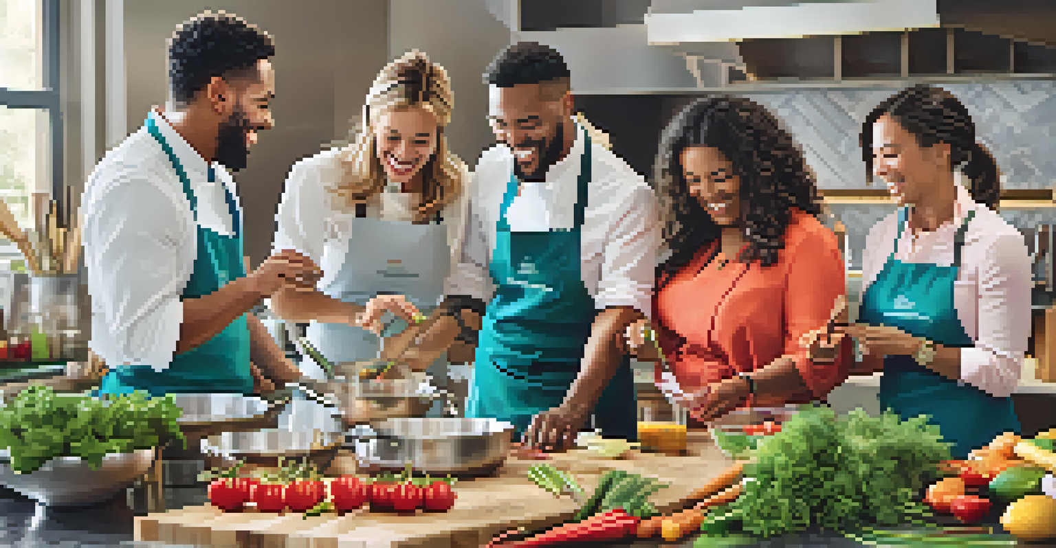 Employees participating in a lively cooking class, laughing and collaborating in a vibrant kitchen filled with fresh ingredients during a corporate retreat.