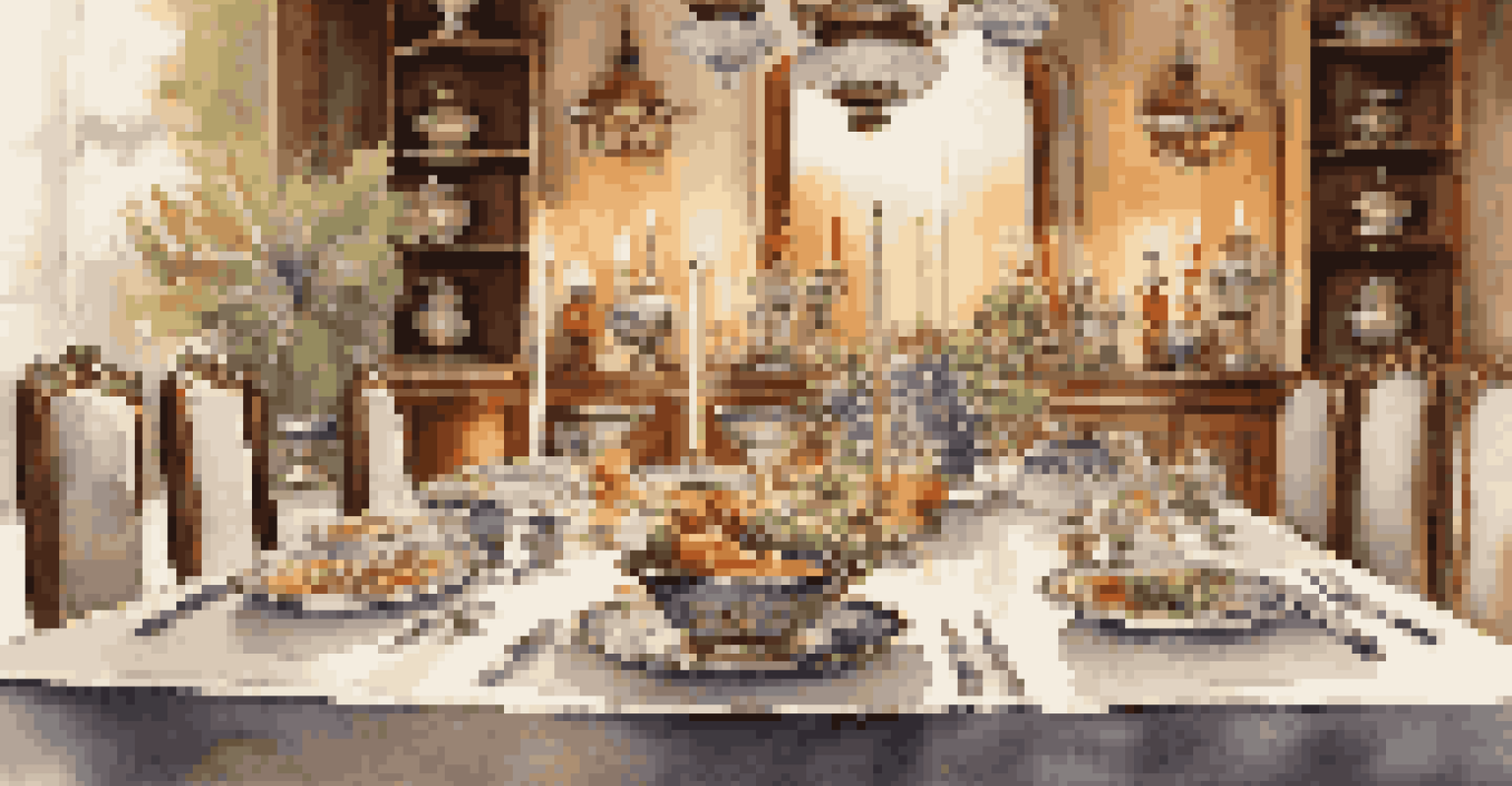 An elegant dining table beautifully set for a luxurious meal with traditional dishes, adorned with candlelight and floral arrangements.