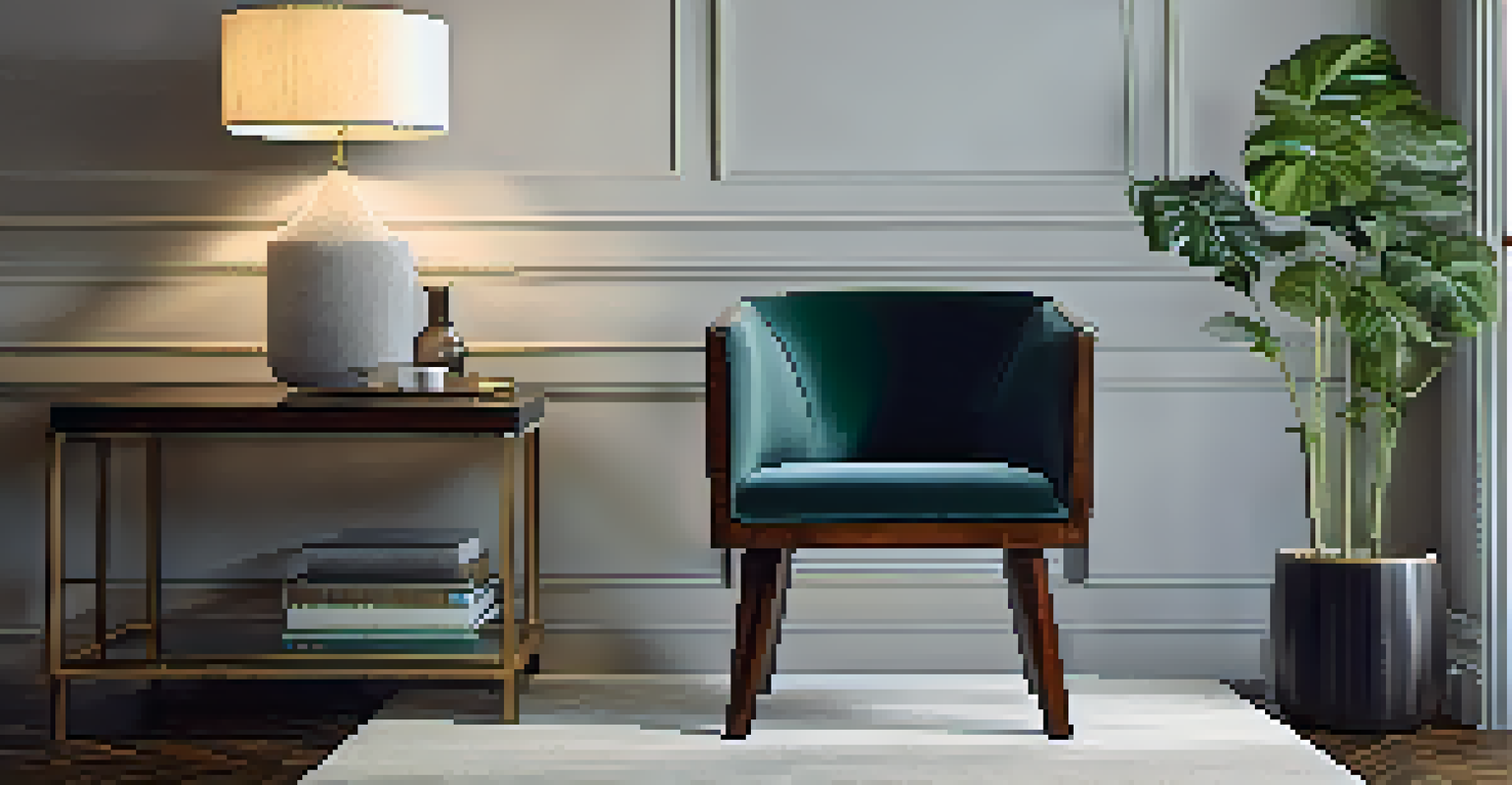 A repurposed wooden chair upholstered in velvet, situated in a modern living room beside a minimalist coffee table.