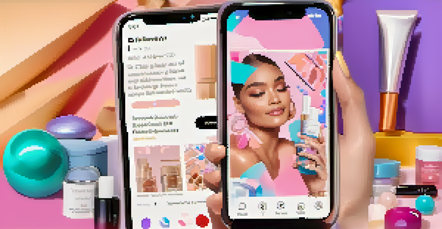 A hand holding a luxury skincare product next to a smartphone with an influencer's beauty tutorial, surrounded by colorful beauty tools.