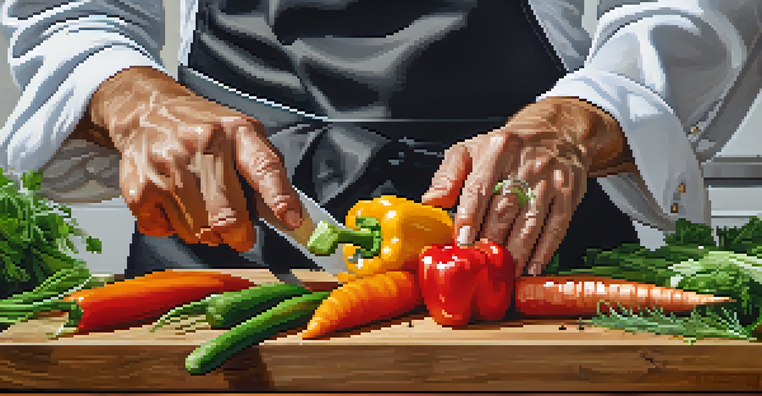A chef's hands skillfully julienning fresh vegetables on a wooden cutting board in a modern kitchen.