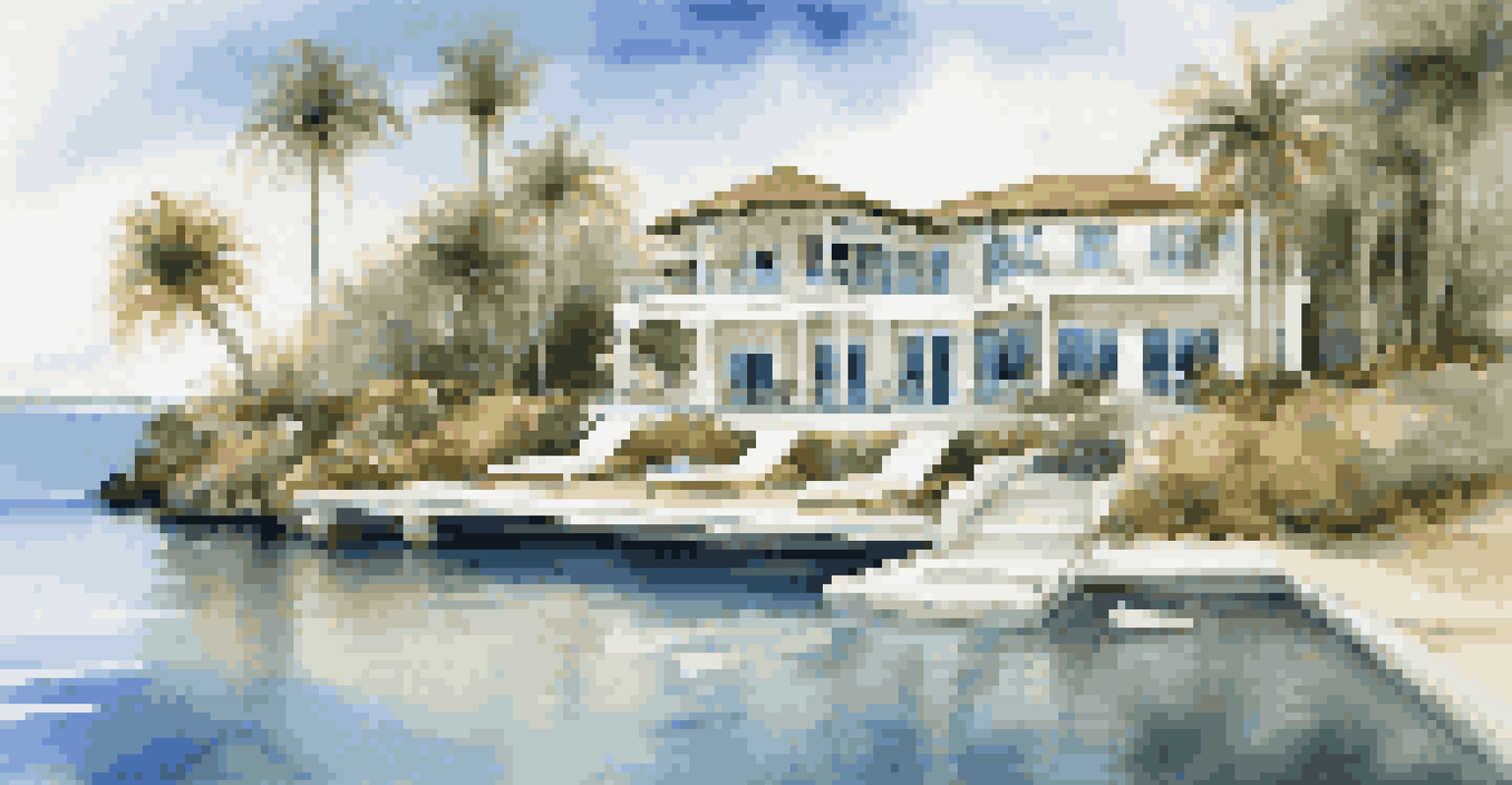 A luxury waterfront property with an infinity pool and a private dock, surrounded by palm trees.