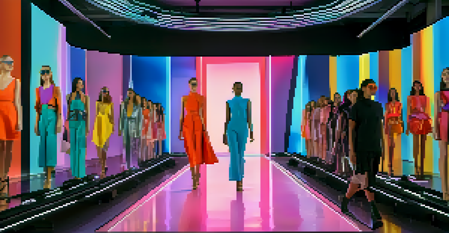 A futuristic digital runway with models displayed on screens and an audience wearing VR headsets.