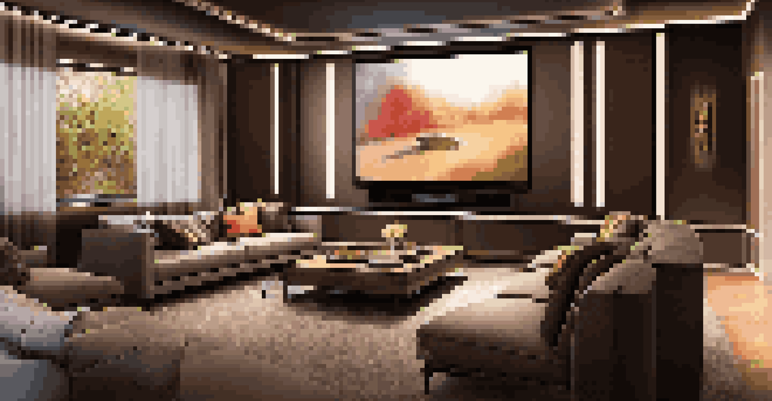 A luxury home theater with advanced multimedia equipment and smart lighting creating a cinematic atmosphere.