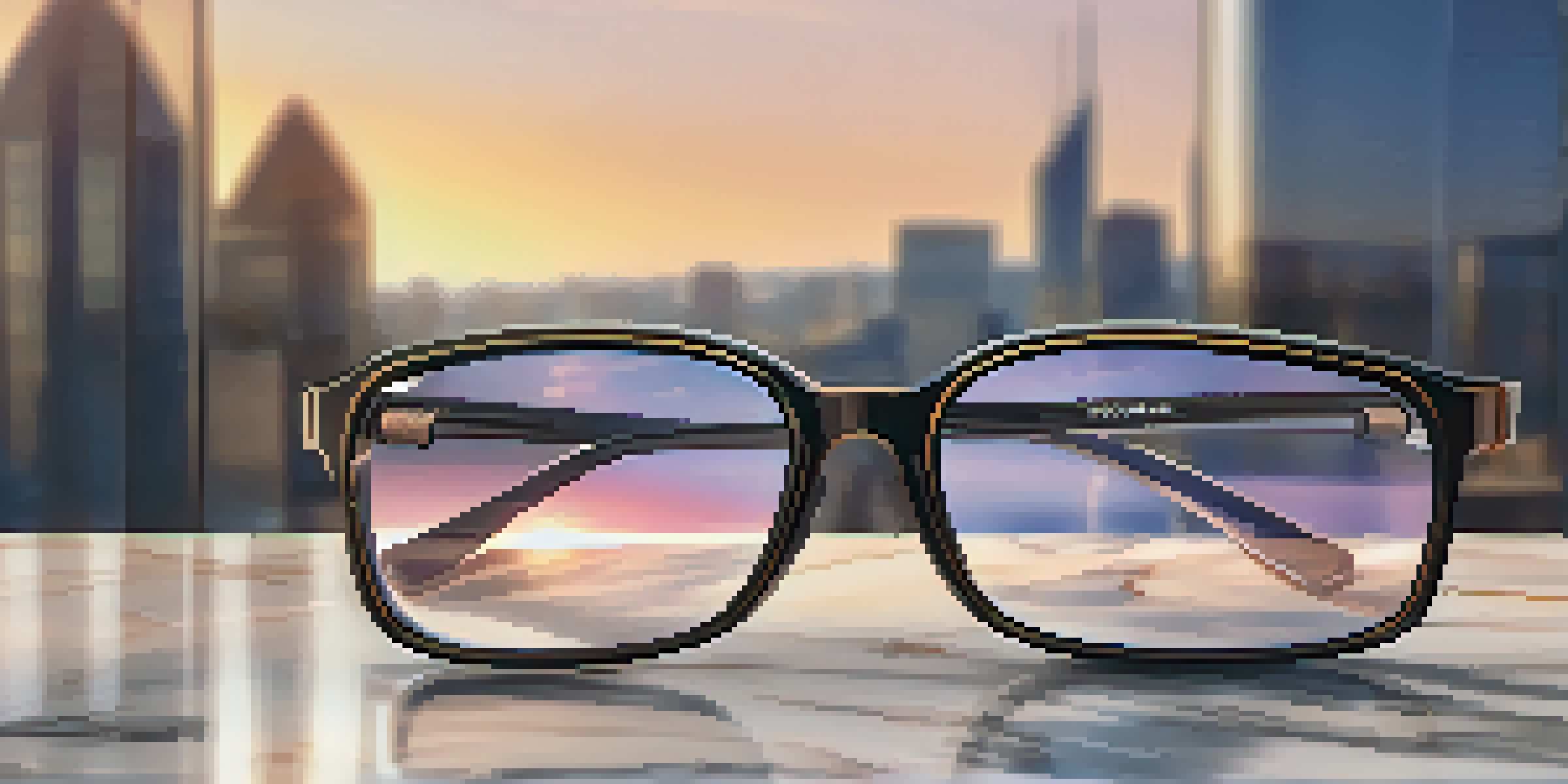 Luxury smart glasses on a marble surface with a cityscape in the background, reflecting sunset colors.