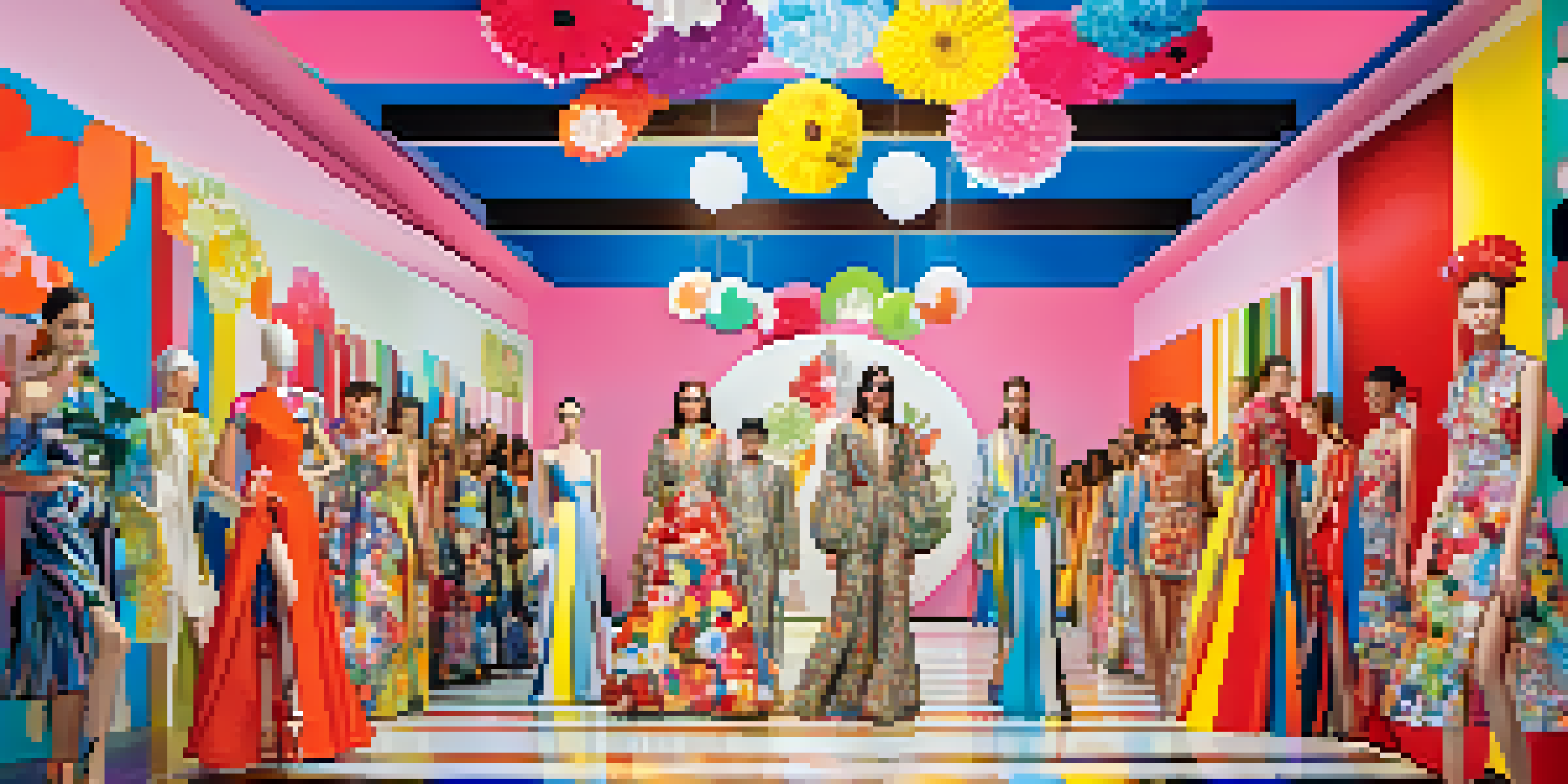 A fashion runway with models in colorful patterns and large floral art installations in the background.