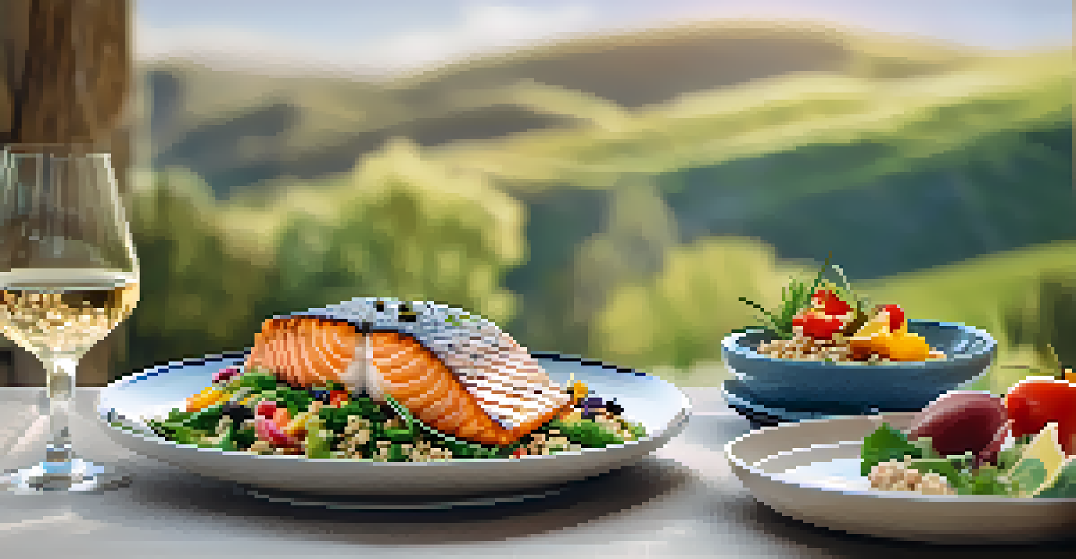 A gourmet meal featuring grilled salmon, quinoa salad, and fresh vegetables, beautifully arranged on elegant tableware with a scenic nature view in the background.