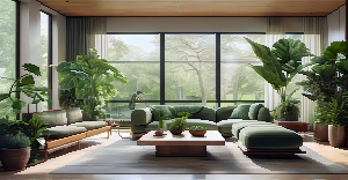 A bright living room with big windows, filled with greenery and a calming water feature, creating a serene and natural environment.