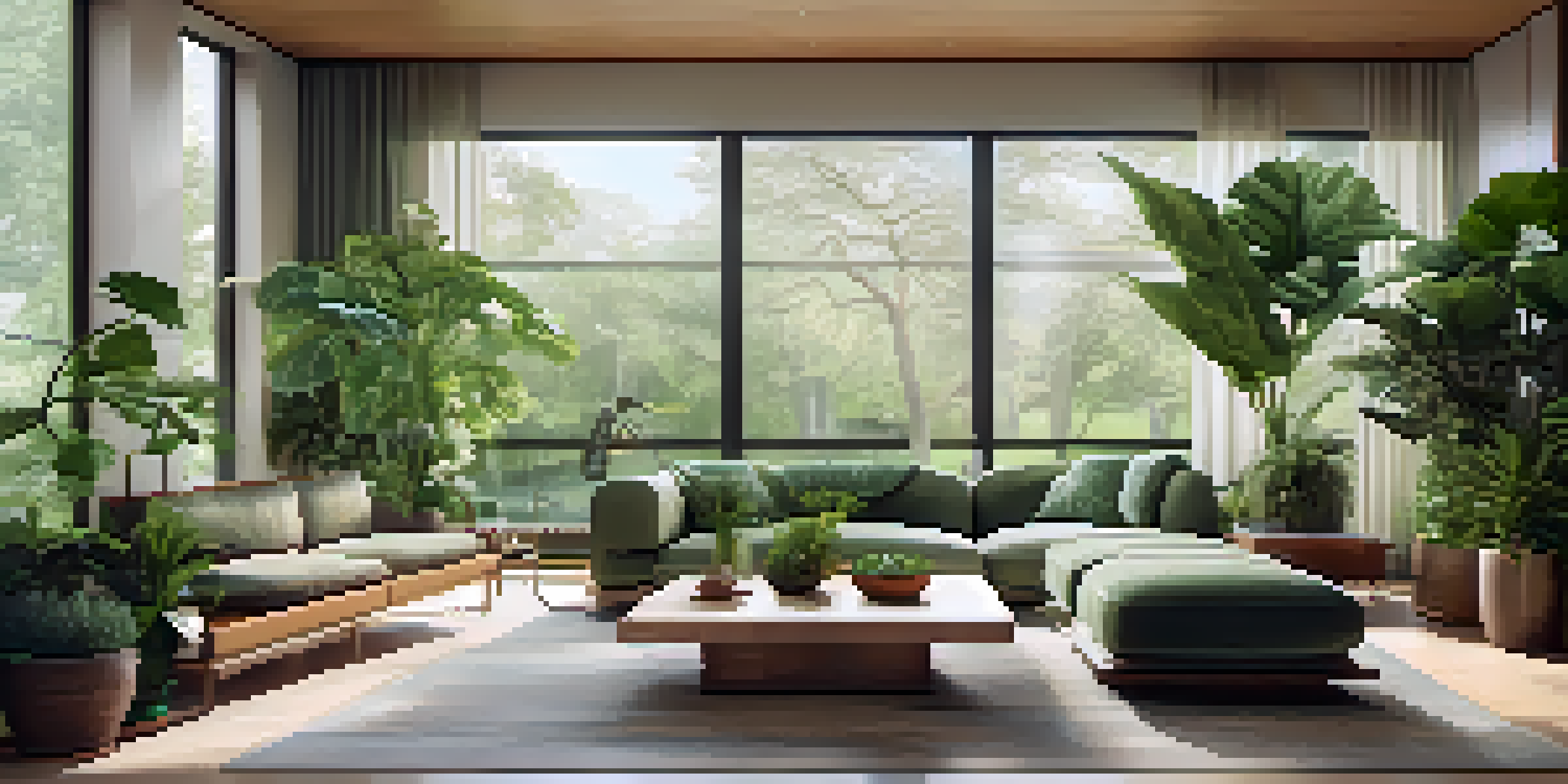 A bright living room with big windows, filled with greenery and a calming water feature, creating a serene and natural environment.