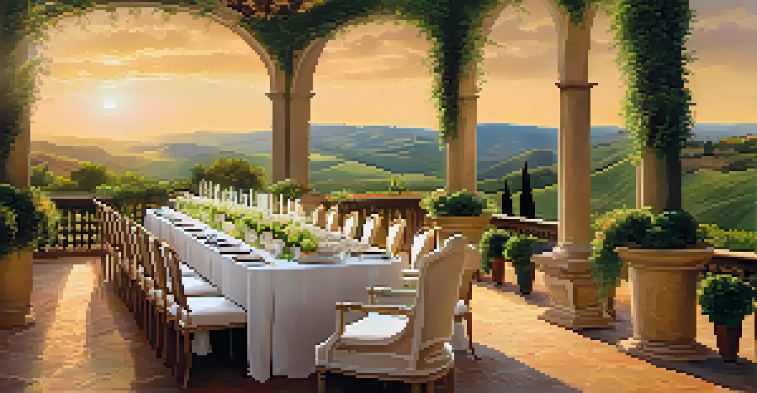 An elegant dining setup in a luxurious Tuscan villa with beautiful scenery and sunset lighting.