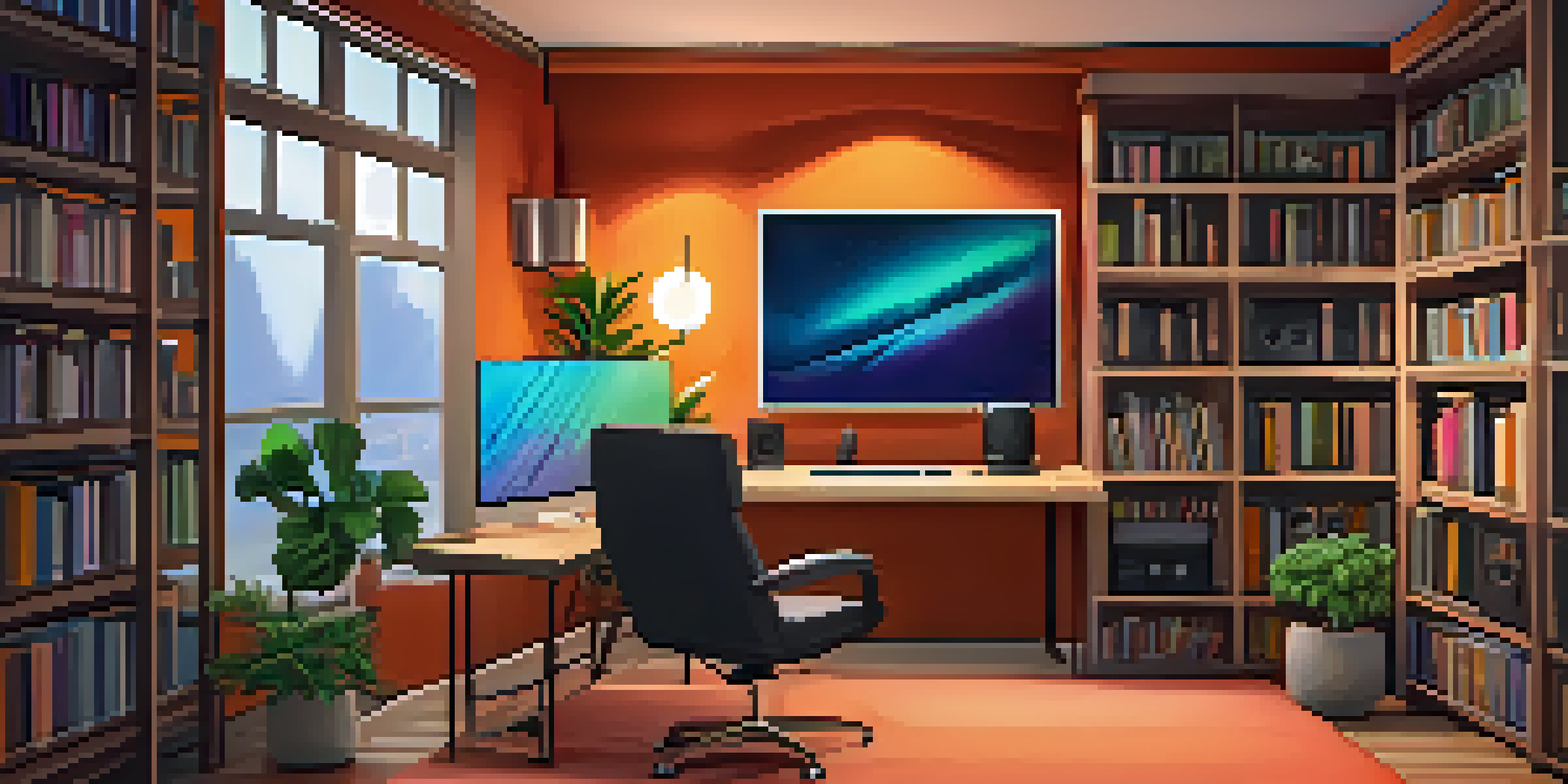 A cozy podcasting studio with a stylish microphone, laptop, warm lighting, and books in the background.