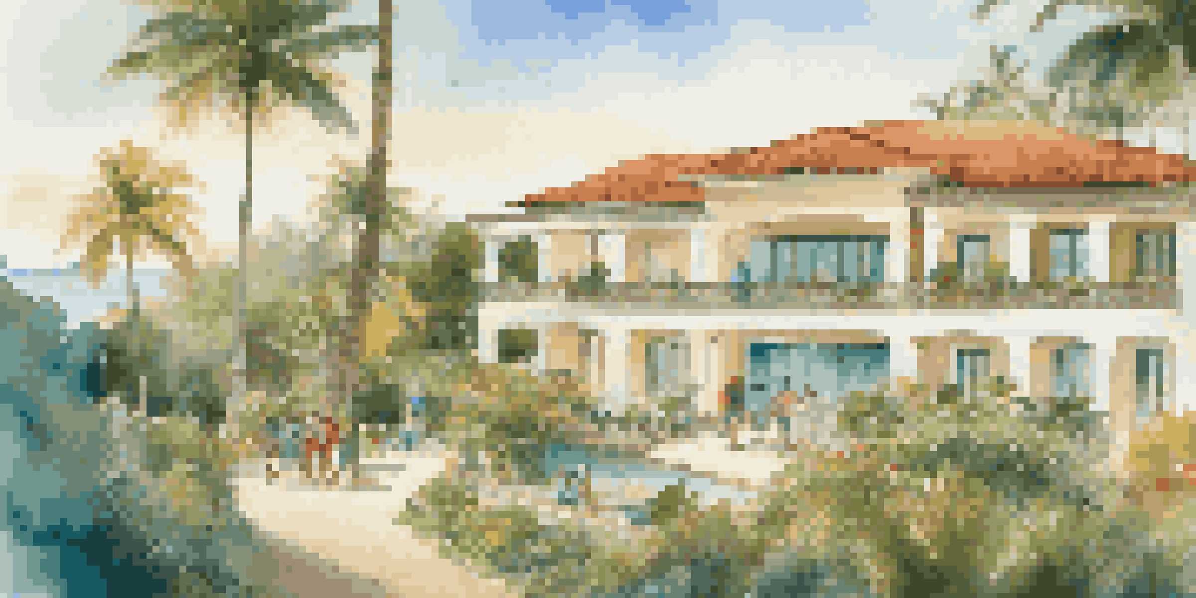 A group of volunteers planting trees in front of a luxury villa by the ocean during sunrise.