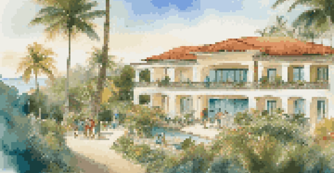 A group of volunteers planting trees in front of a luxury villa by the ocean during sunrise.