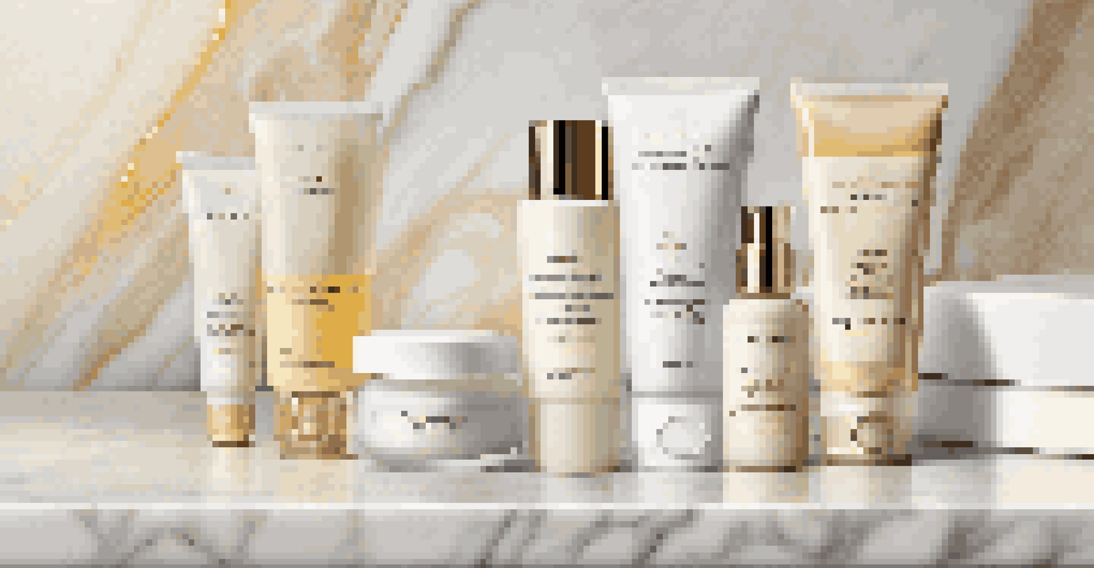 An array of luxury skincare products on a marble countertop with soft lighting.