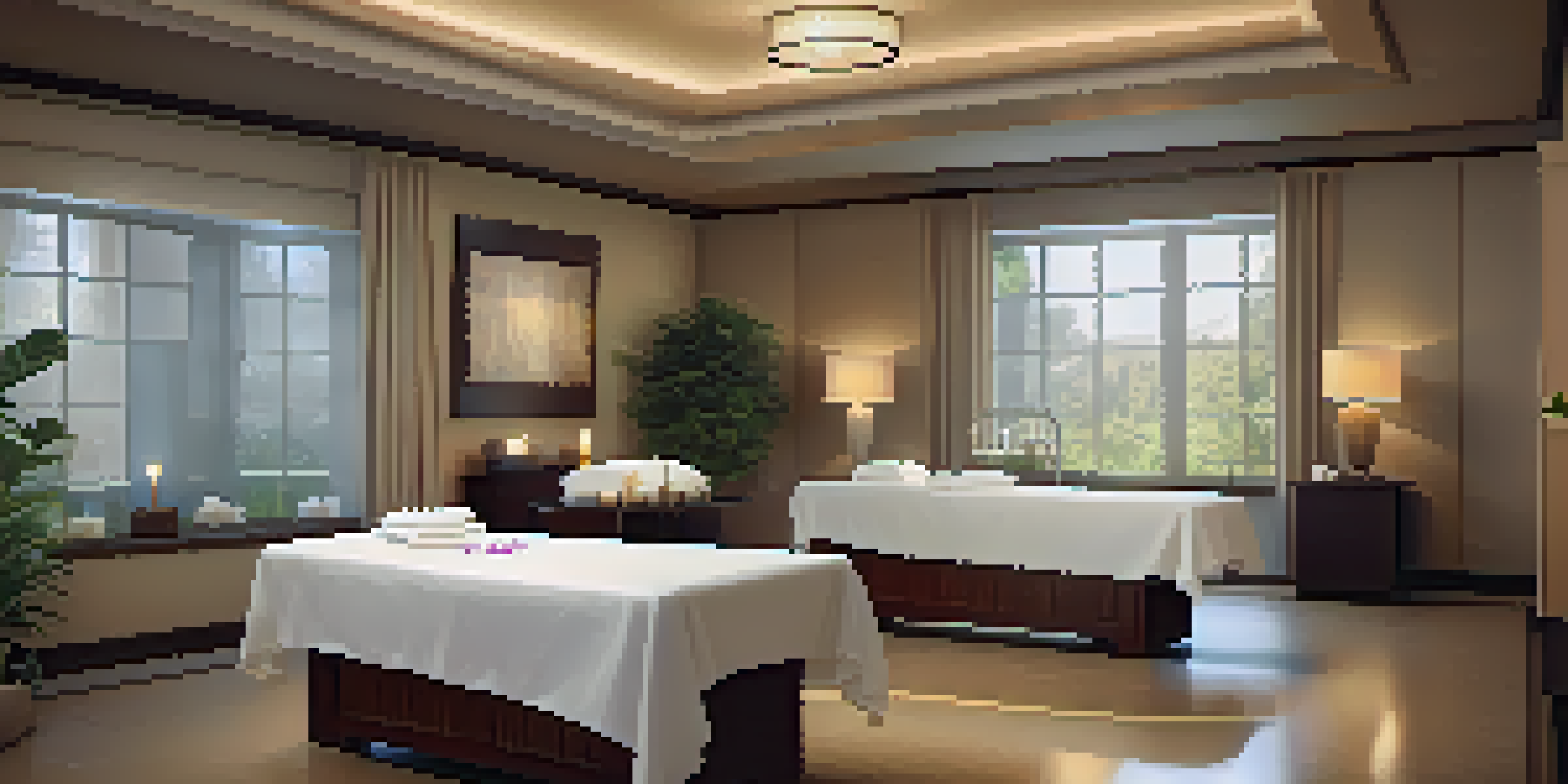 A calm and inviting spa massage room with candles, eucalyptus leaves, and soft lighting.