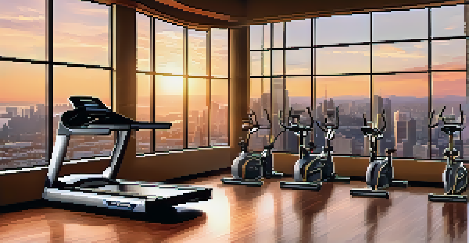 An upscale gym with city views at sunset, featuring advanced workout equipment and a personal trainer.