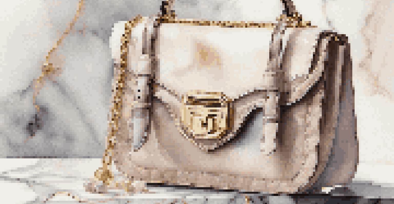 A close-up of a luxury handbag made from sustainable materials, displayed on a marble surface with elegant accessories.