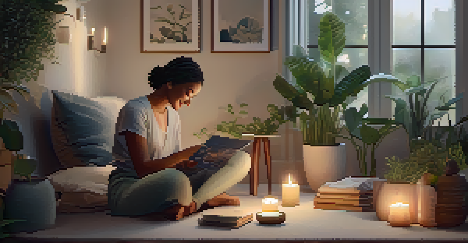 A person smiling while unboxing a luxury subscription package in a cozy room with candles and plants around, representing relaxation.
