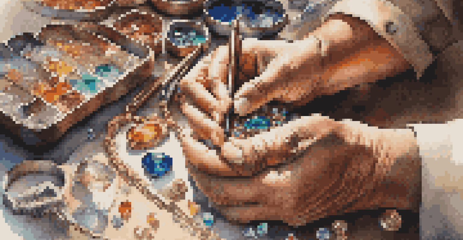 A close-up of an artisan's hands crafting intricate jewelry, surrounded by tools and colorful gemstones in a well-lit workspace.