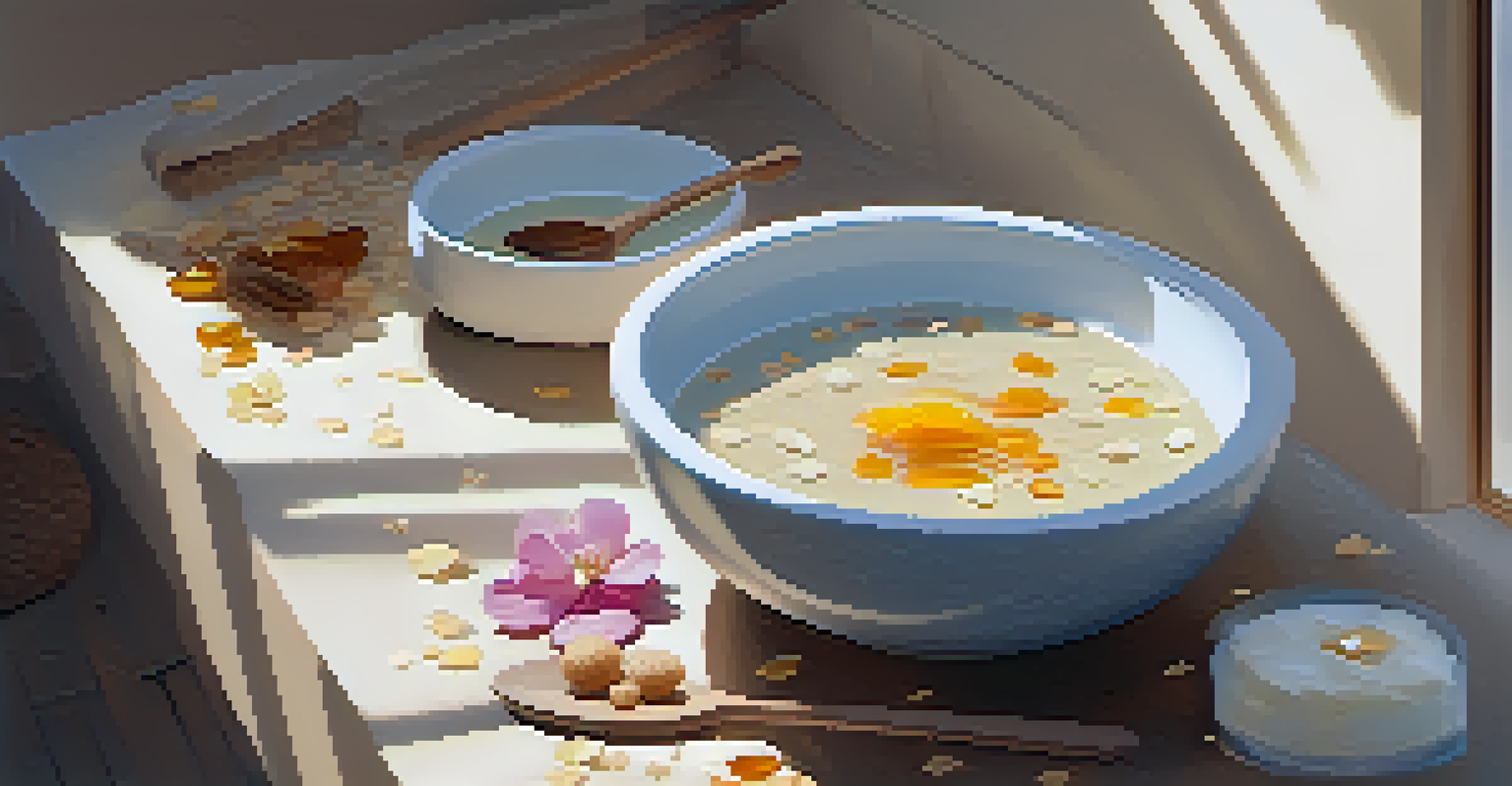 A bath filled with oatmeal and honey, adorned with flower petals, in a warmly lit setting, promoting relaxation.
