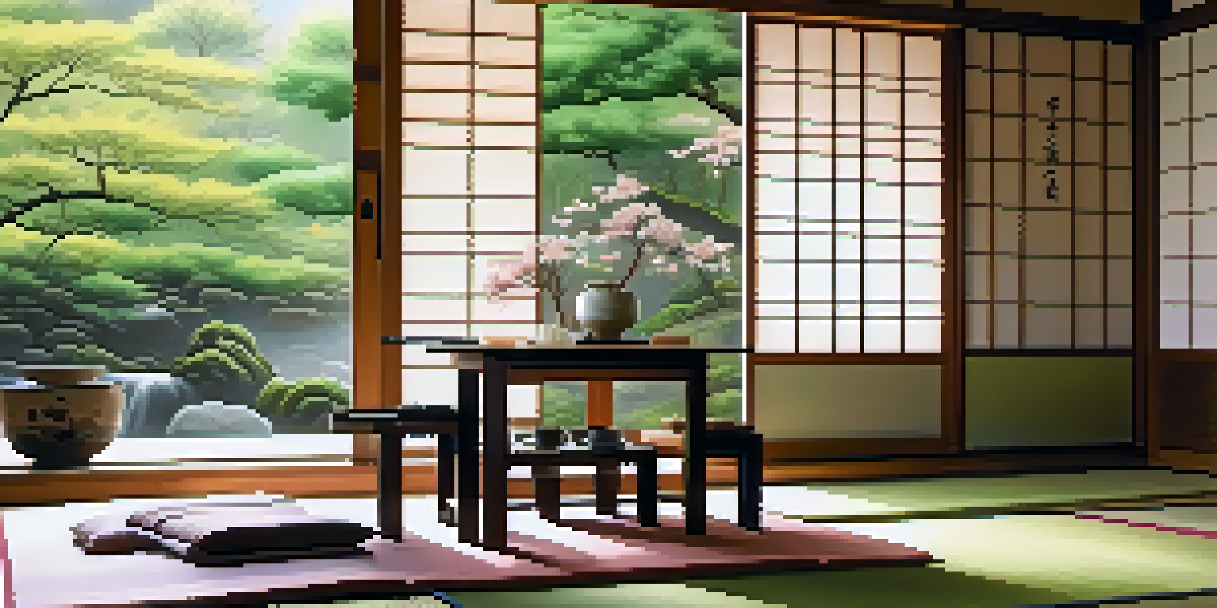 A traditional Japanese home interior featuring tatami mats and shoji screens, with a low table set for tea.