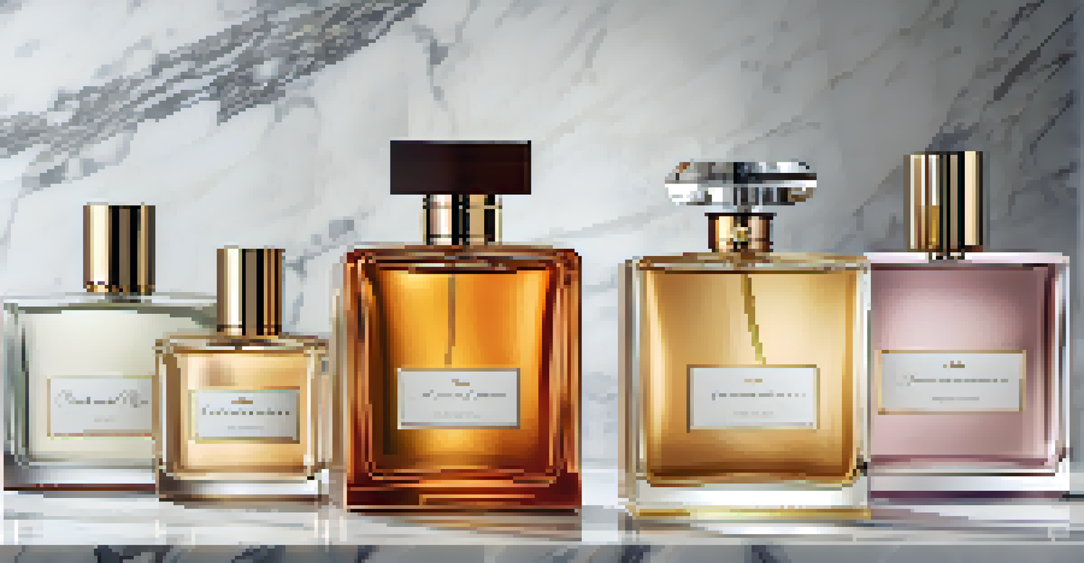 A collection of iconic perfume bottles on a marble countertop, elegantly lit to enhance their luxurious appearance.
