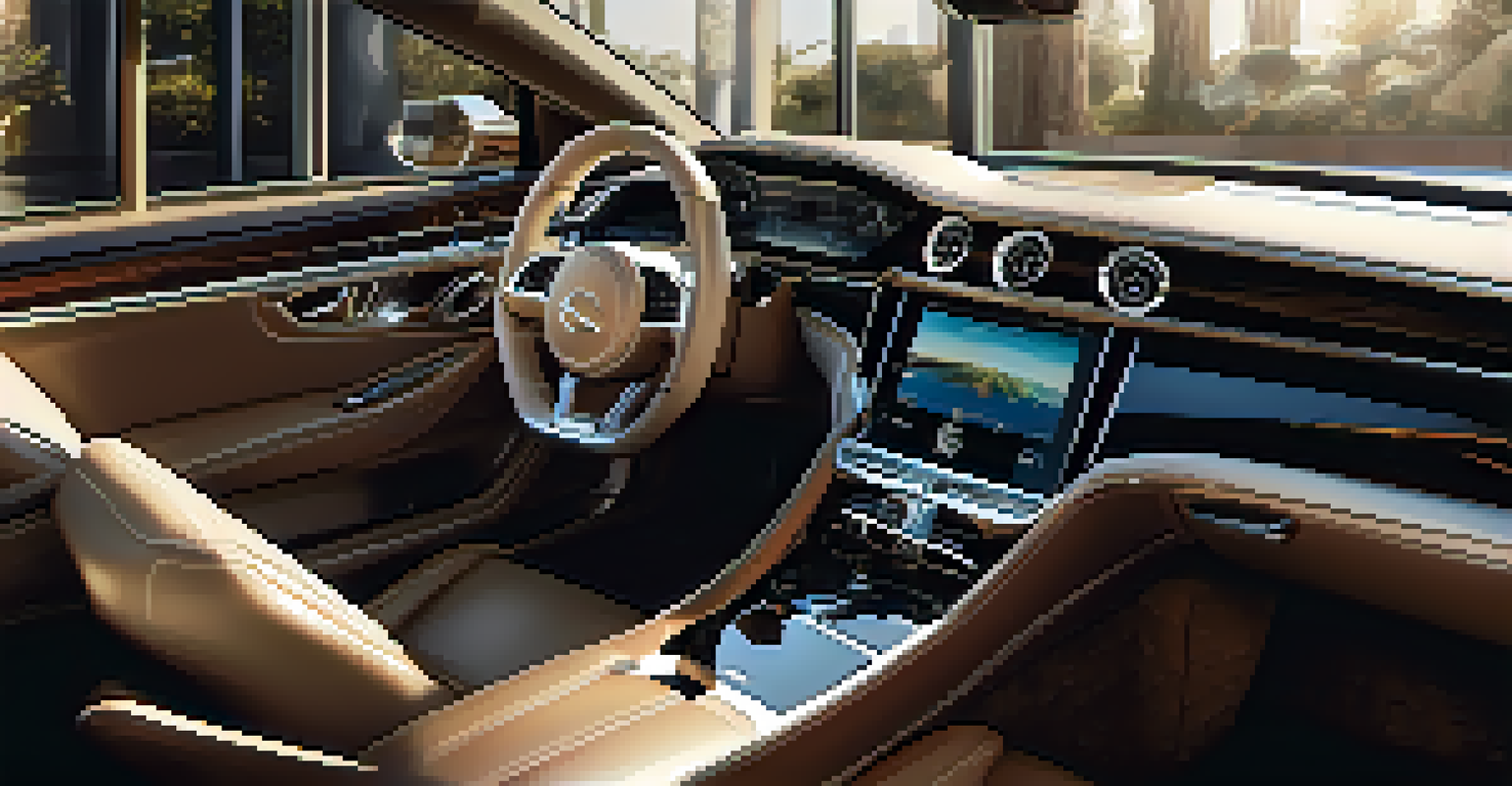 The opulent interior of a luxury car with leather seats and digital displays illuminated by sunlight.