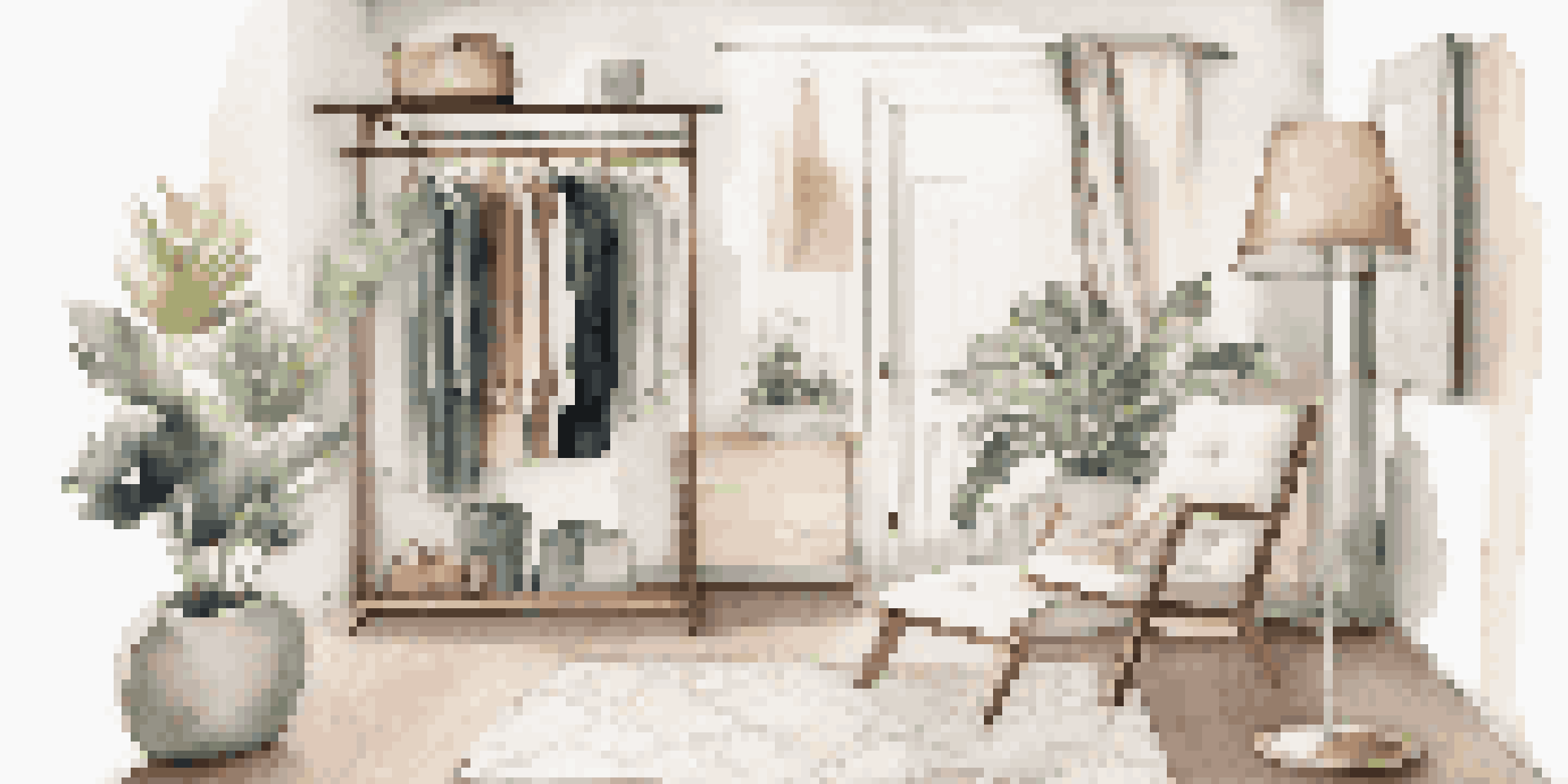 A stylish minimalist wardrobe showcasing luxury fashion items on wooden hangers, with soft lighting and a cozy chair in the background.