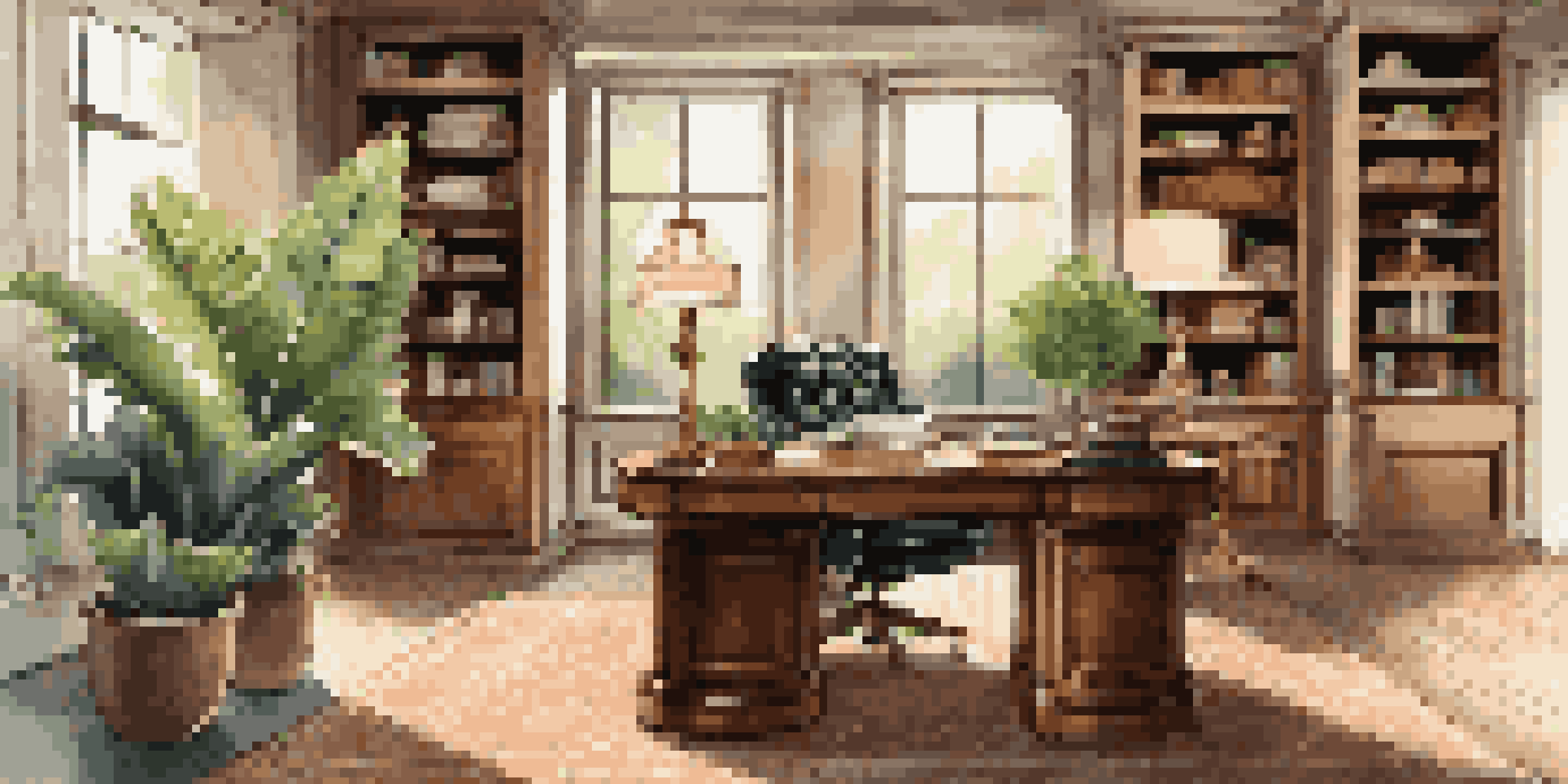 A luxurious home office with a plush leather ergonomic chair, a sleek adjustable wooden desk, and a chandelier providing warm light, complemented by stylish organization tools and plants.
