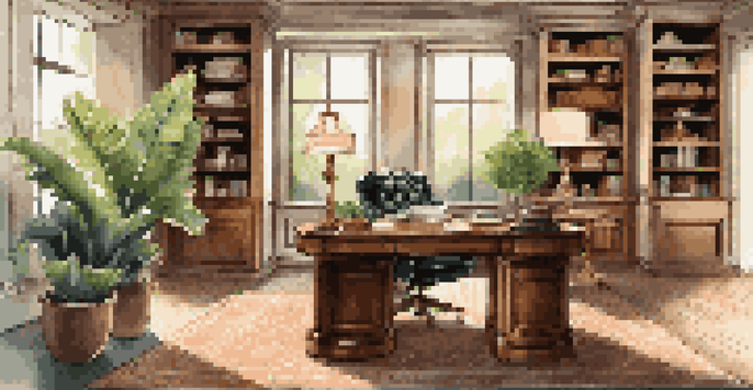 A luxurious home office with a plush leather ergonomic chair, a sleek adjustable wooden desk, and a chandelier providing warm light, complemented by stylish organization tools and plants.