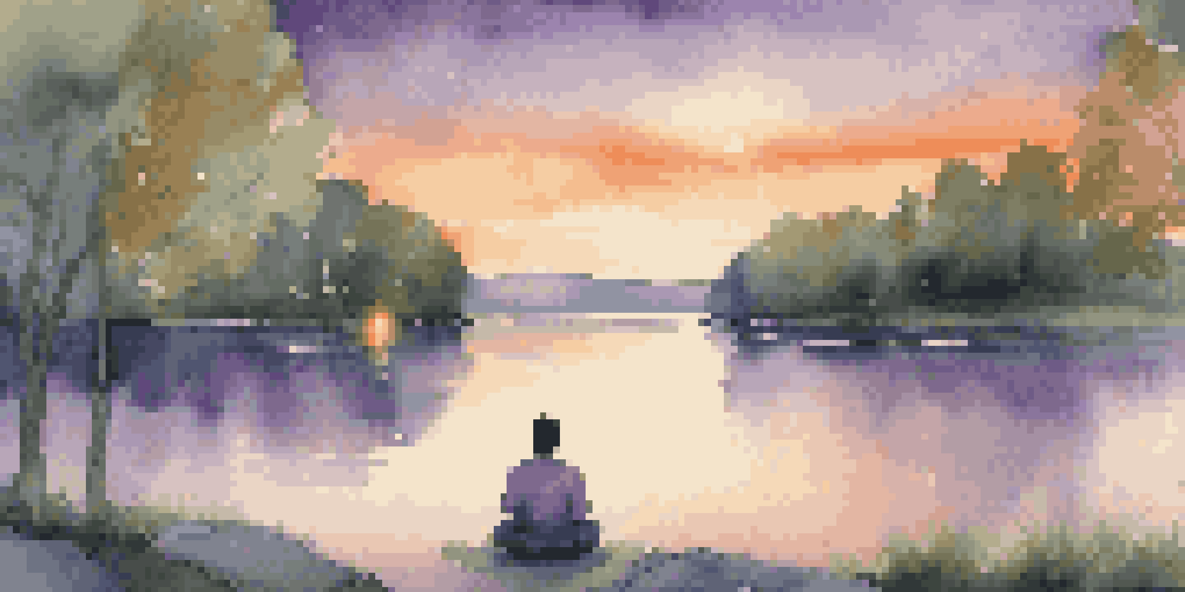 A person meditating by a lakeside at sunset, surrounded by trees and lanterns, creating a tranquil atmosphere.