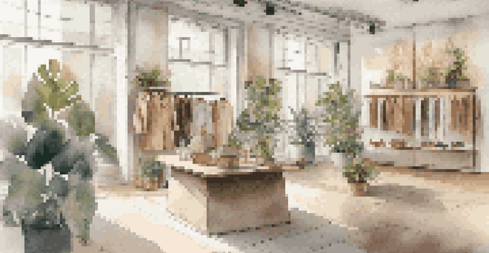 An elegant boutique filled with sustainable fashion items, illuminated by natural light with plants around.