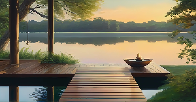 A peaceful outdoor yoga platform at a lakeside retreat during sunrise, surrounded by greenery.