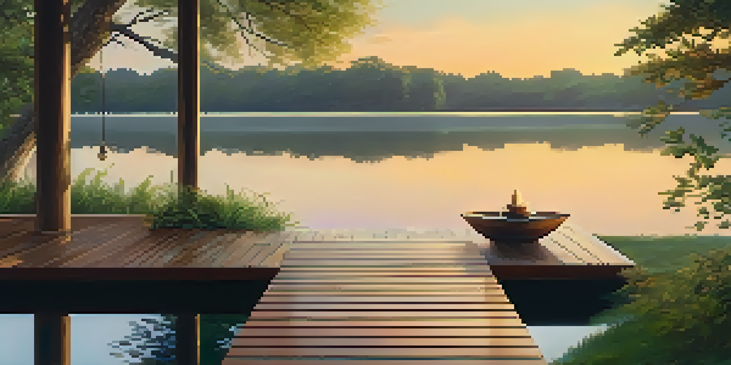 A peaceful outdoor yoga platform at a lakeside retreat during sunrise, surrounded by greenery.